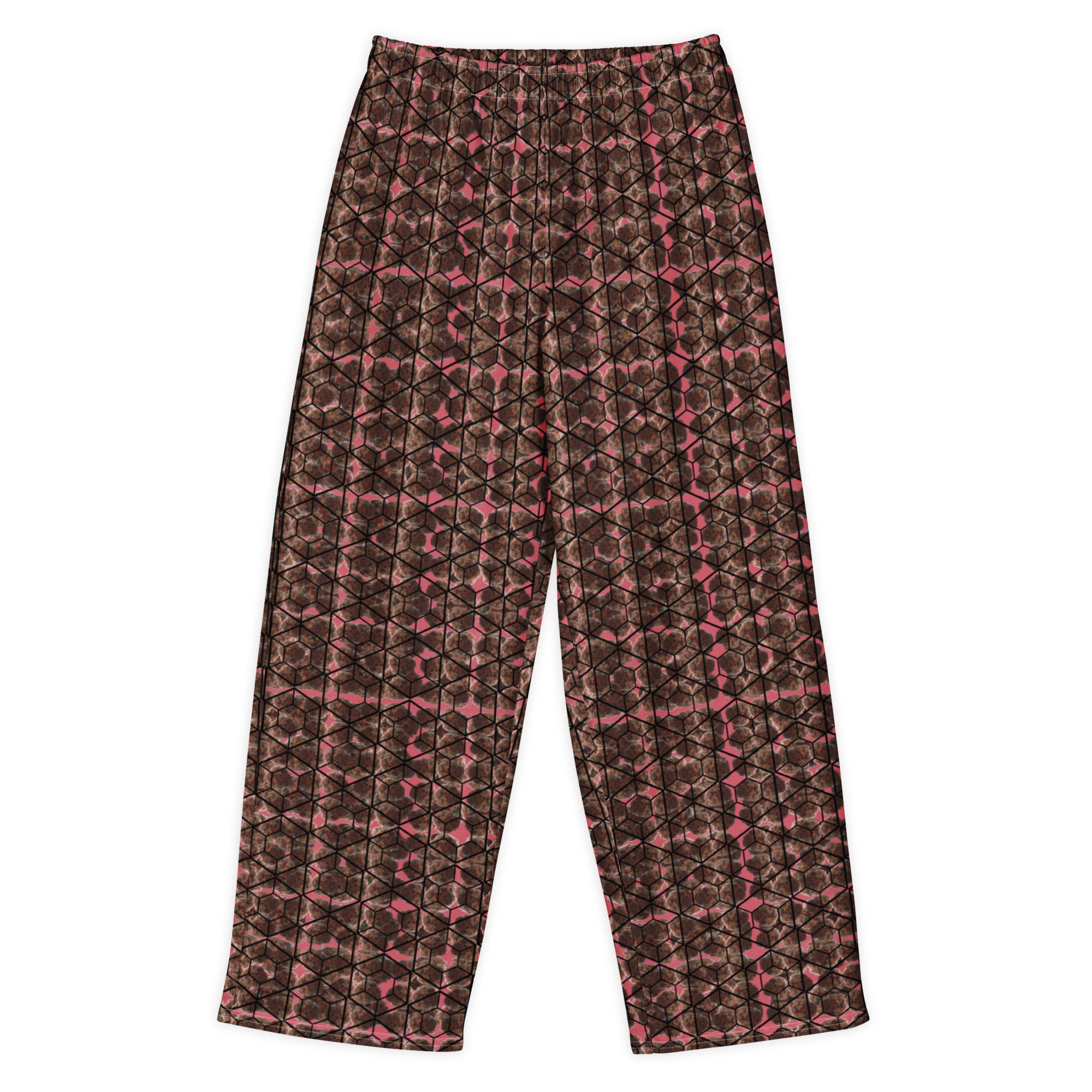 Unisex cotton wide-leg pants with all-over brown print from BudWear, featuring a relaxed fit and stylish design.