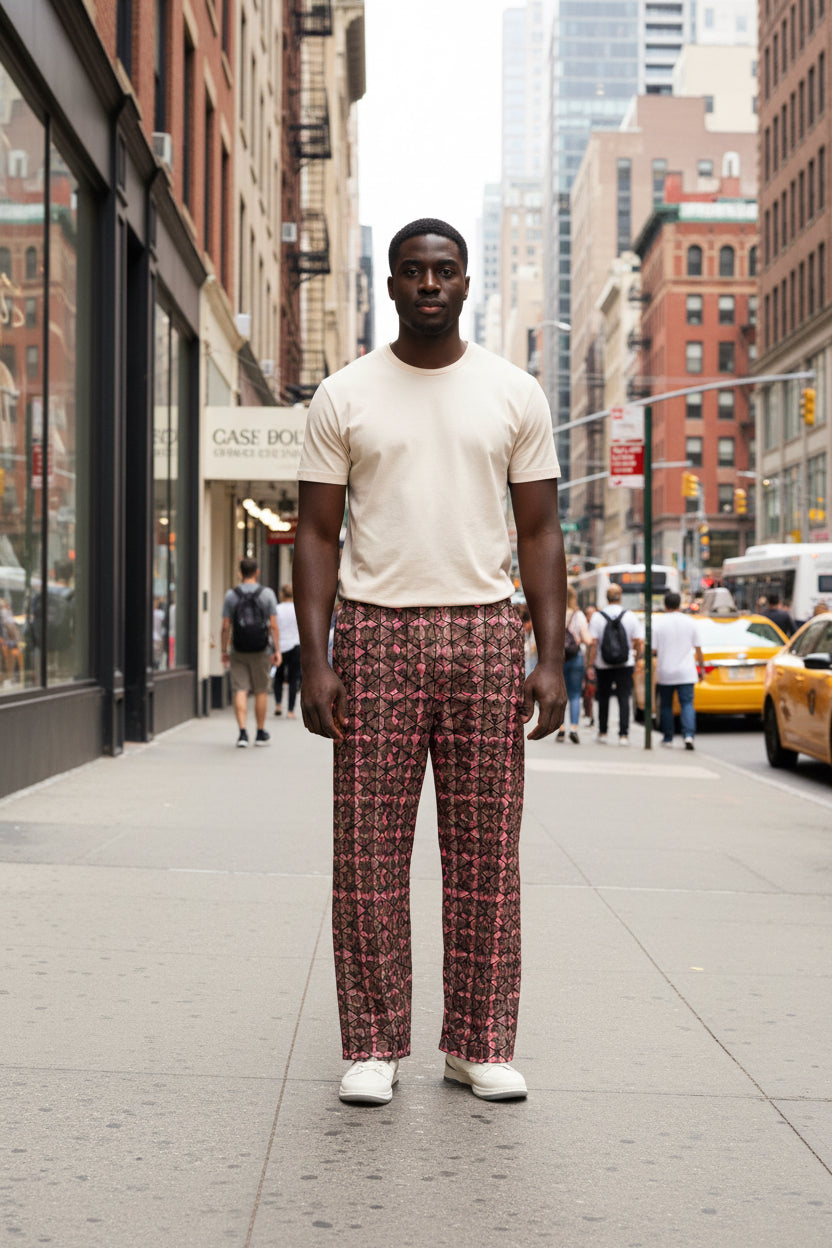 Unisex white cotton wide-leg pants with all-over brown BudWear print, featuring a relaxed fit and casual style.