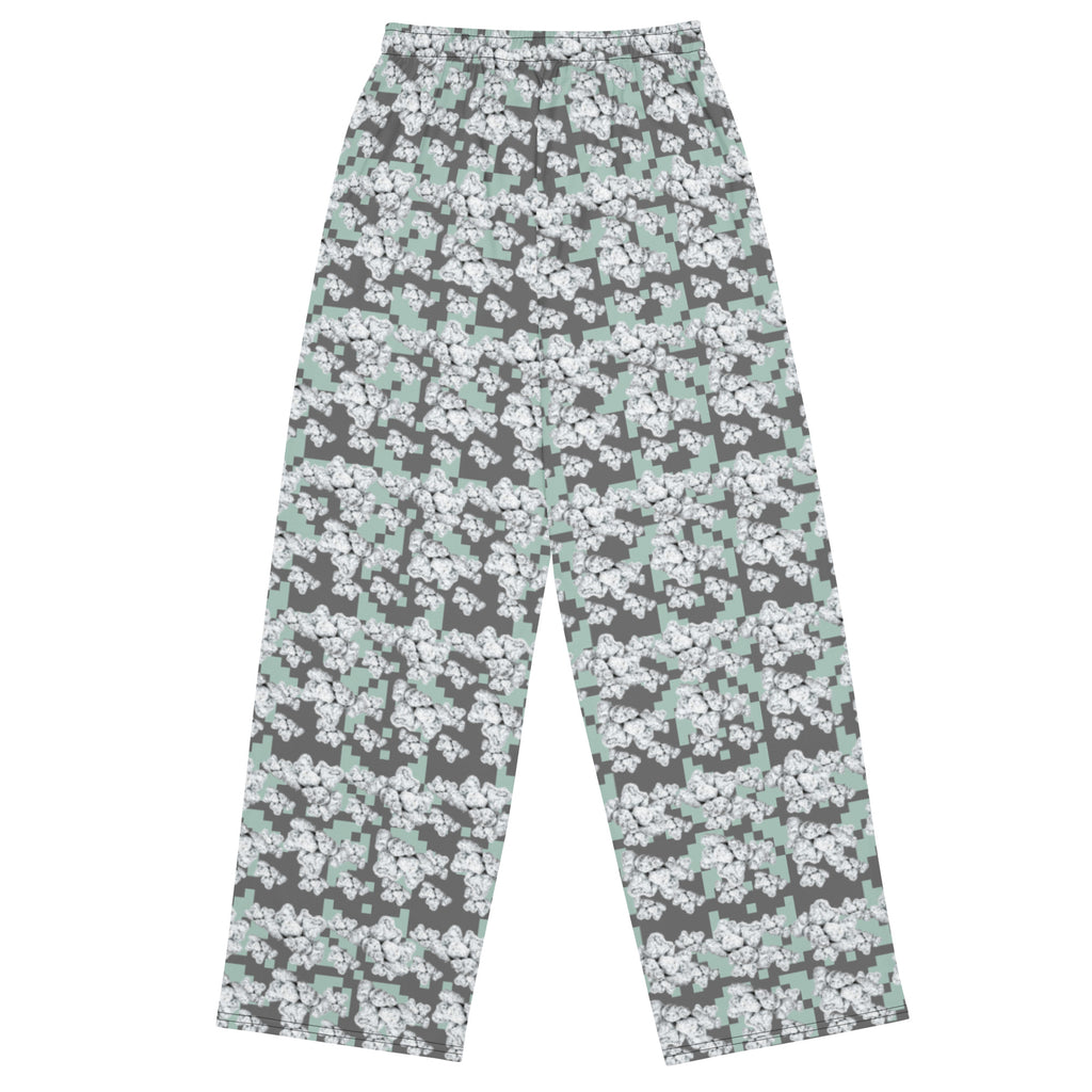 Unisex snow-bud wide-leg pants by BudWear with all-over white print, casual cut-sew style, shown from the back.