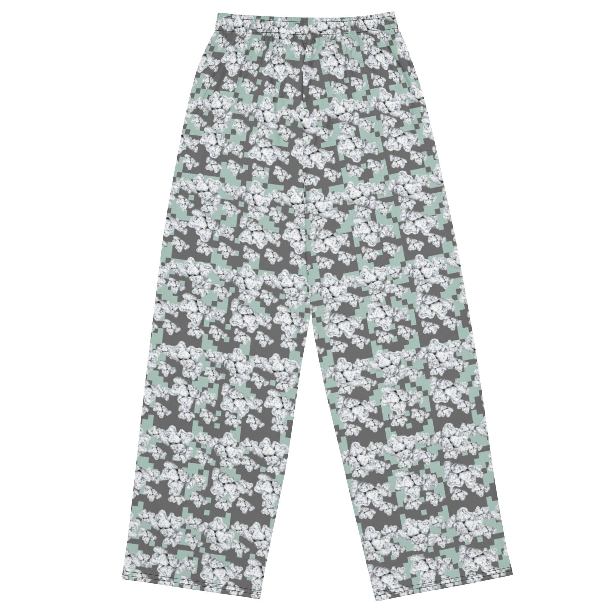 Unisex snow-bud wide-leg pants by BudWear with all-over white print, casual cut-sew style, shown from the back.