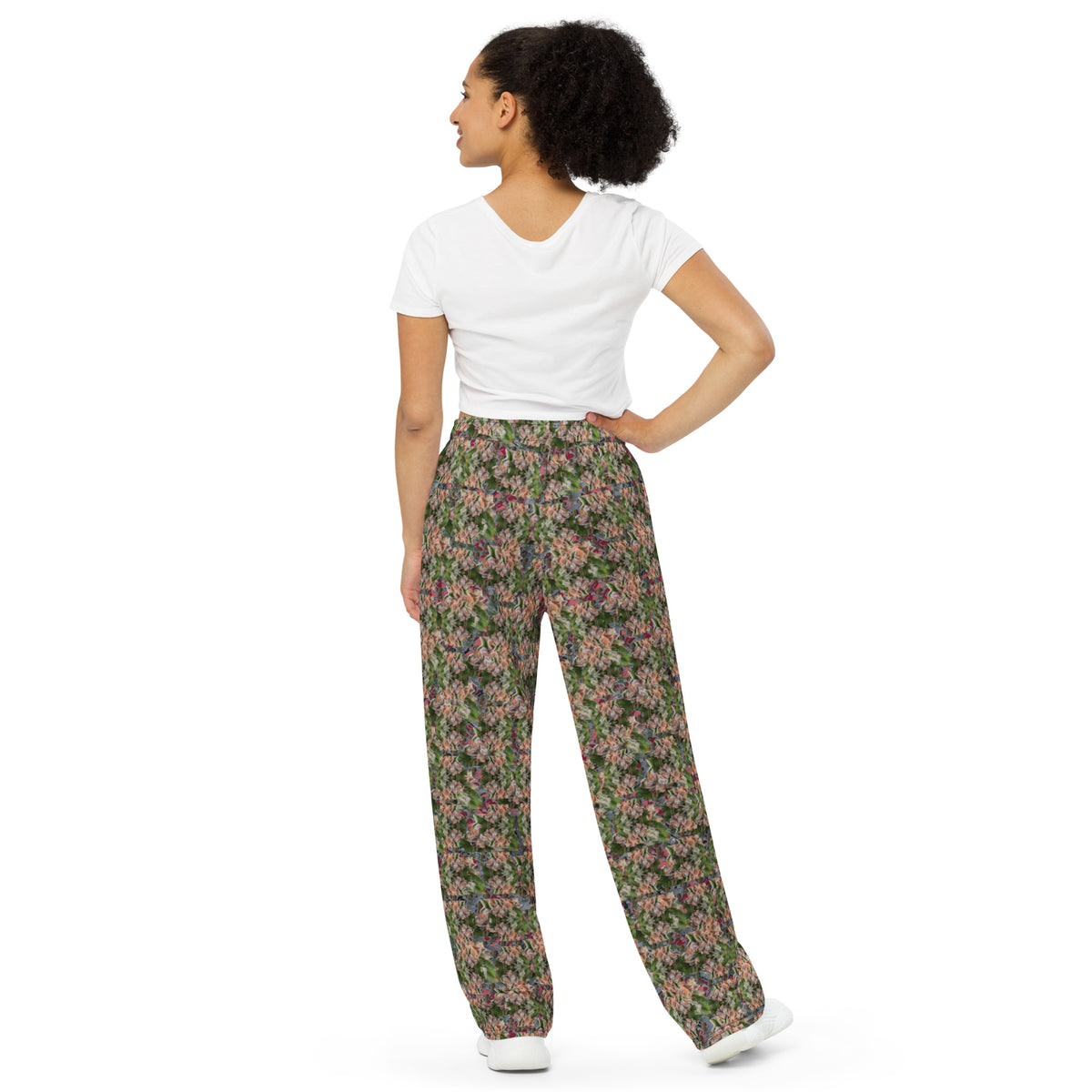 BudWear Fully Loaded wide-leg unisex pants with all-over white print, showing the back view of the casual cut-sew style.