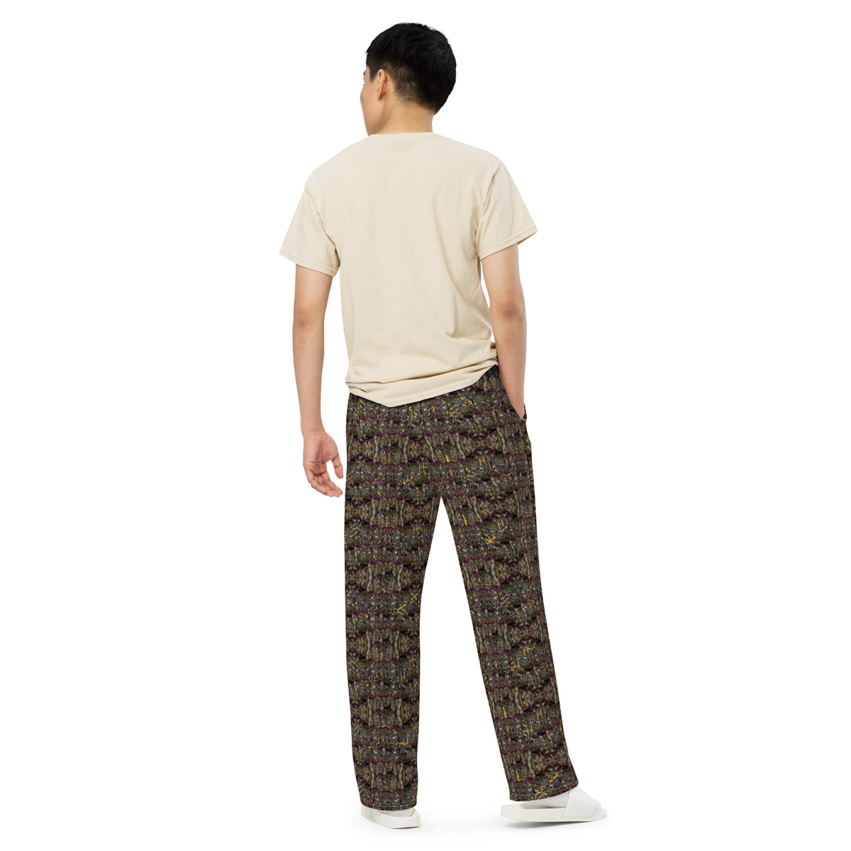 Unisex wide-leg pants with all-over cannabis print in white by BudWear, featuring a relaxed fit and casual style.