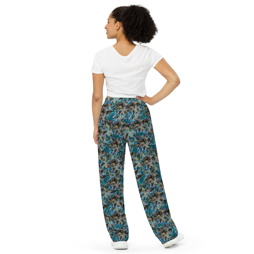 BudWear Blue-bud unisex wide-leg cut-sew pants with all-over print and white back, designed for a relaxed, stylish fit.
