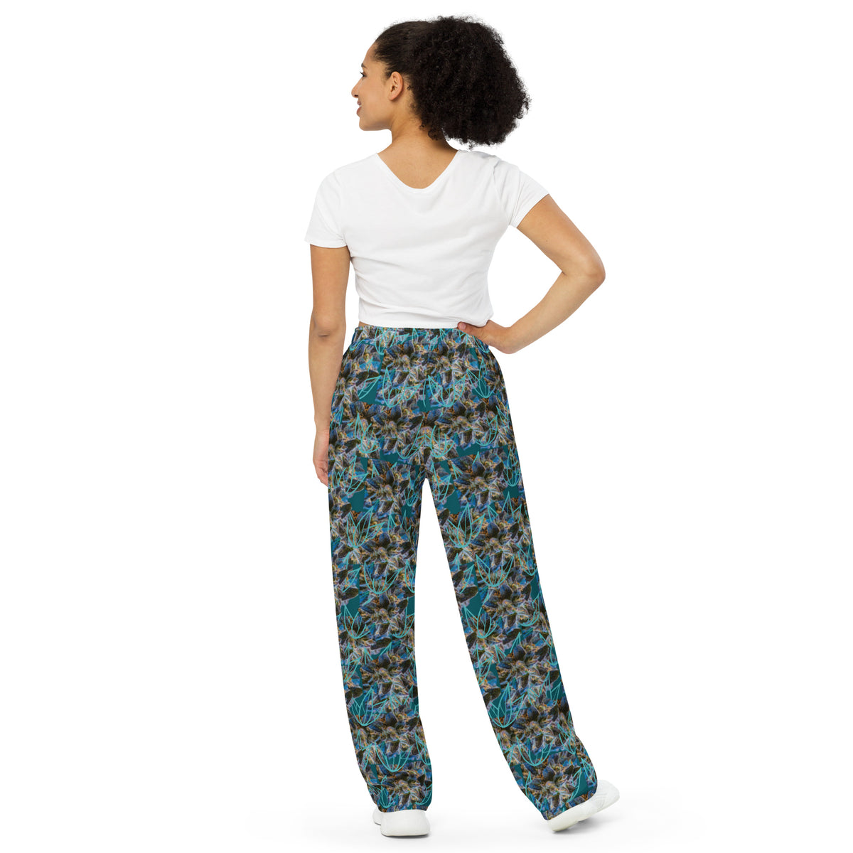Unisex wide-leg pants by BudWear with all-over blue print, flowing fit, and white background.