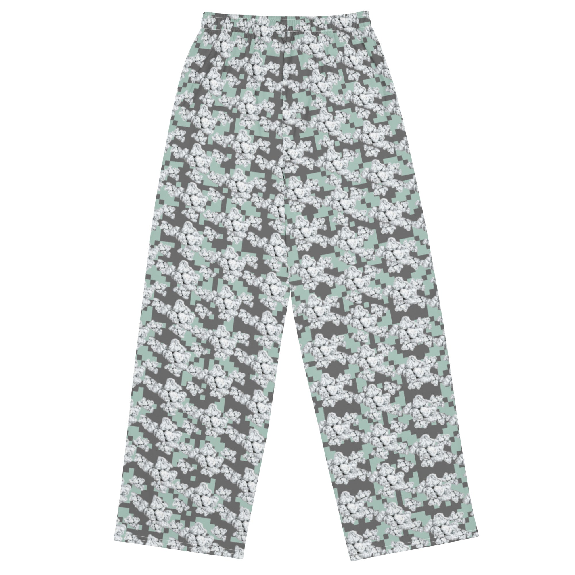 Unisex white wide-leg pants by BudWear with all-over print, made from comfortable cut-sew fabric, shown from the back.