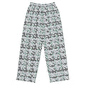 Unisex white Snow-bud wide-leg pants by BudWear featuring an all-over colorful print, front view with relaxed fit.