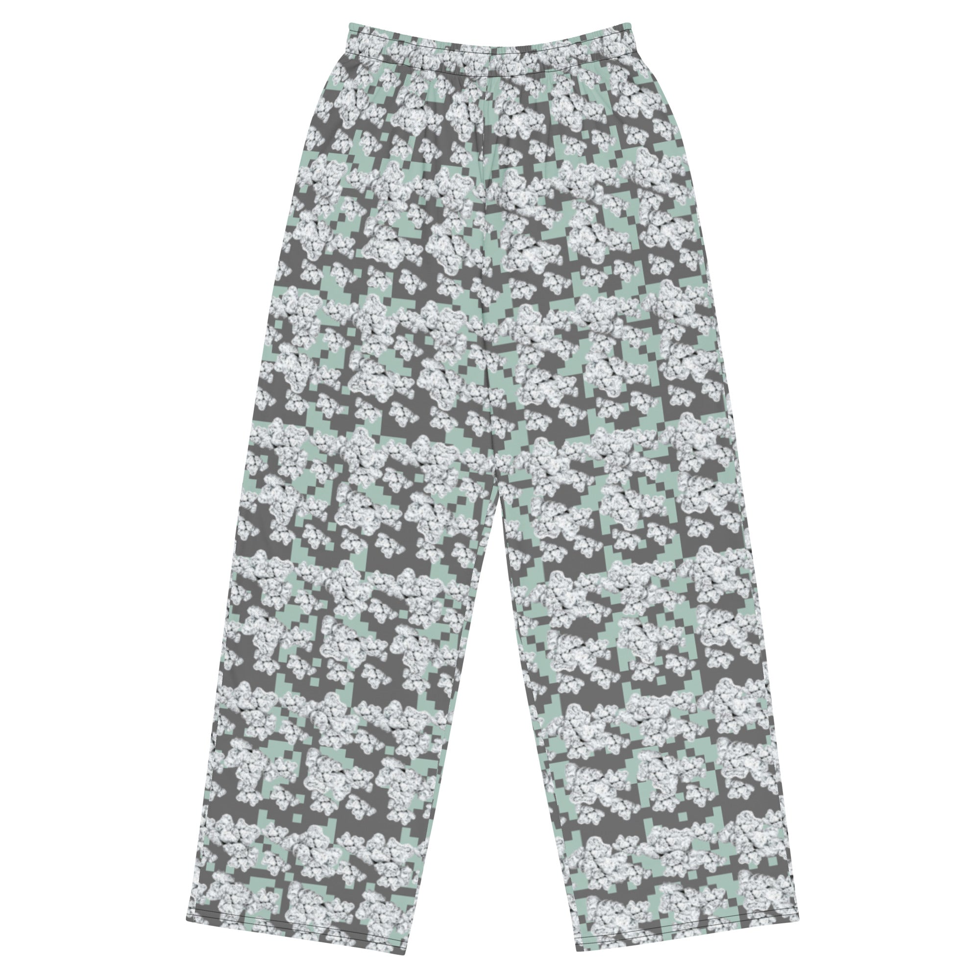Unisex white Snow-bud wide-leg pants by BudWear featuring an all-over colorful print, front view with relaxed fit.