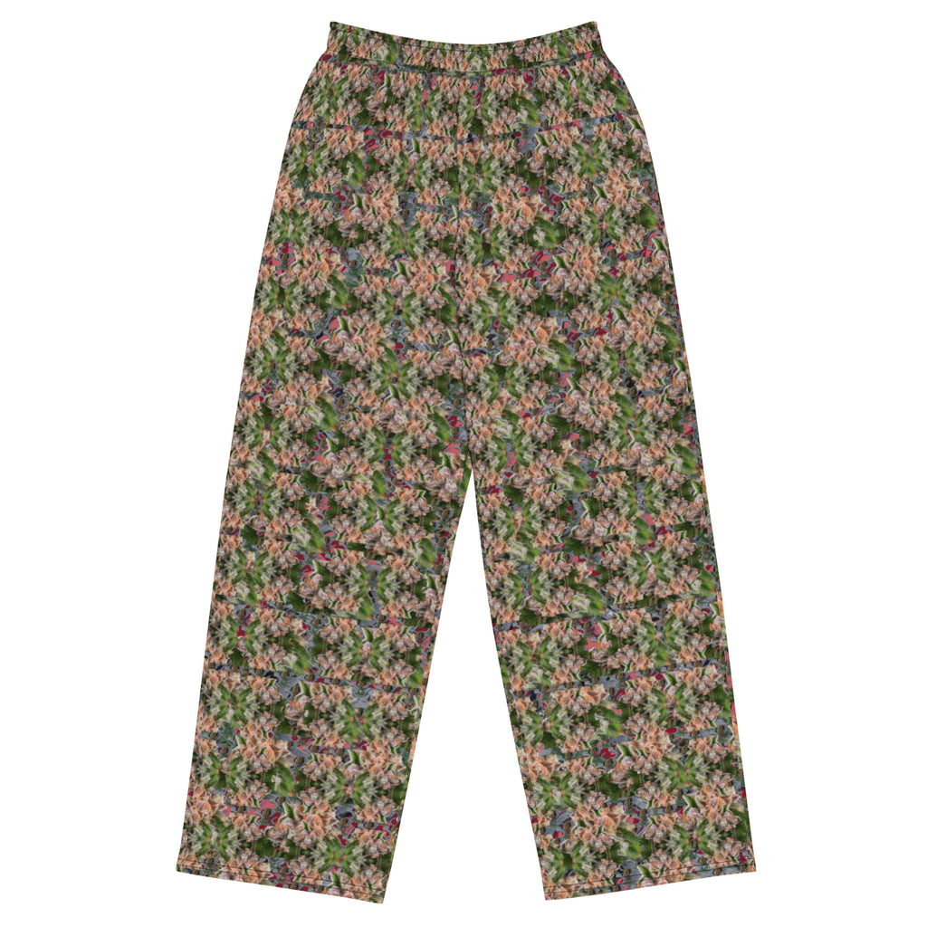 Unisex white fully budded wide-leg CUT-SEW pants by BudWear with all-over print, front view showing relaxed fit and stylish design.