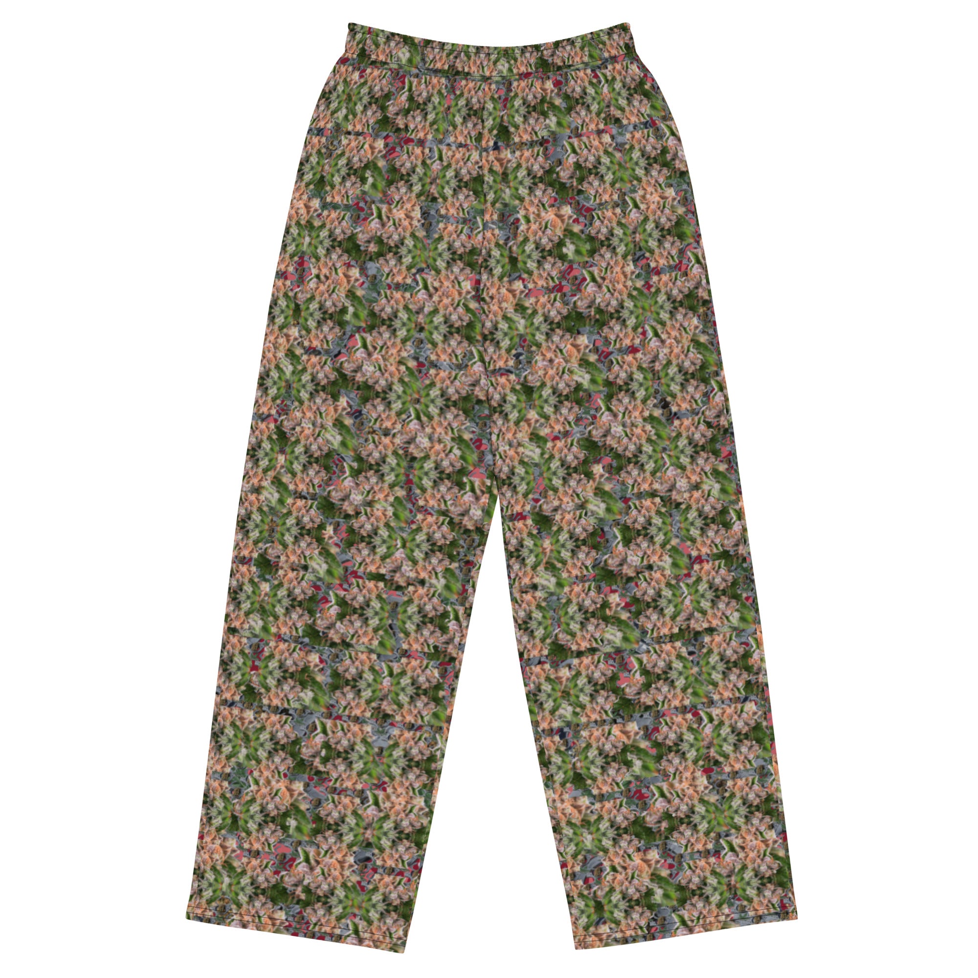 Unisex white fully budded wide-leg CUT-SEW pants by BudWear with all-over print, front view showing relaxed fit and stylish design.