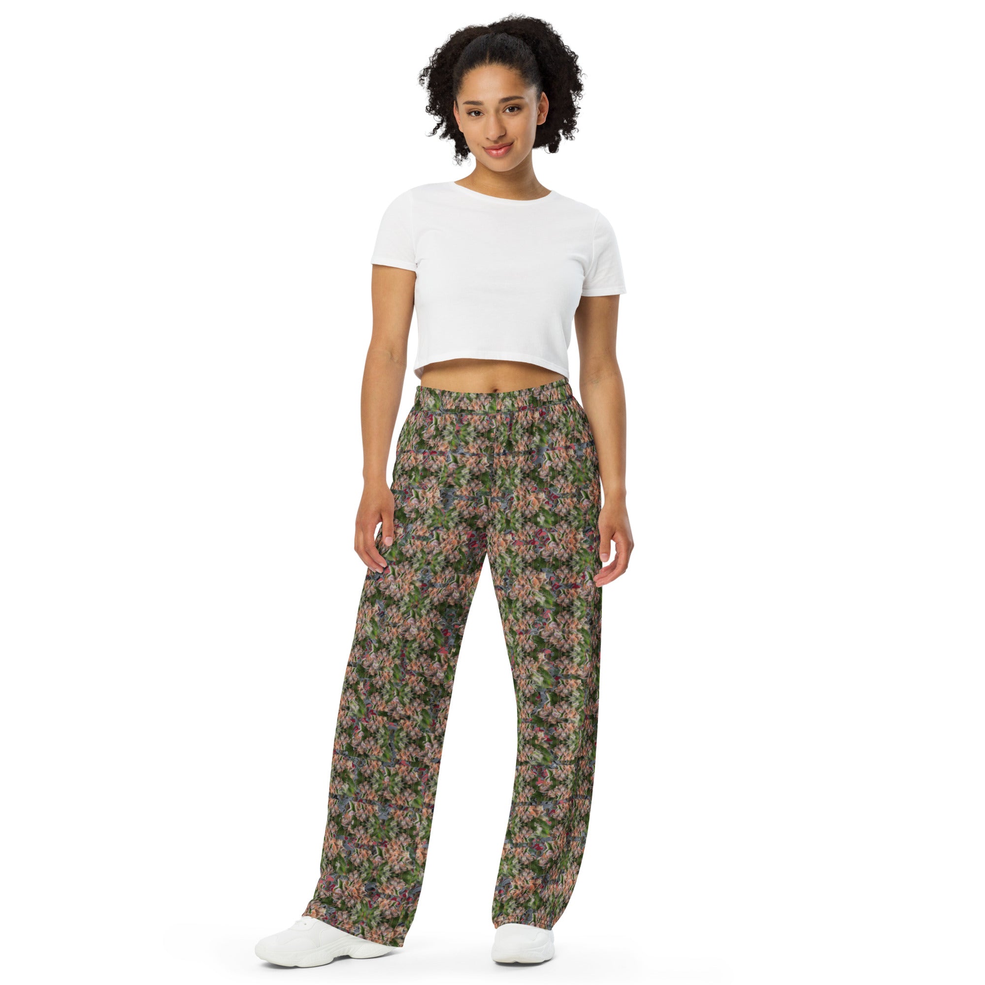 BudWear Fully Loaded wide leg unisex pants with all-over white print, casual cut-sew style, relaxed fit, front view.