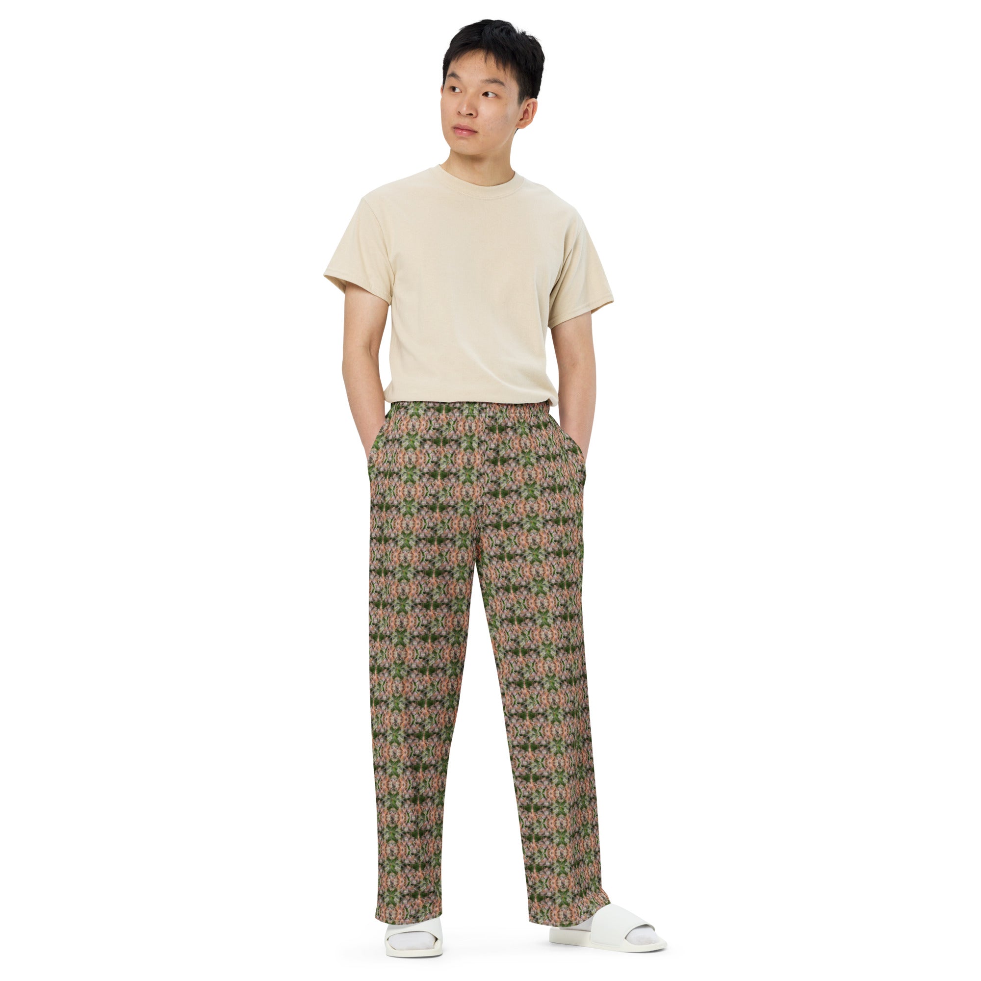 Unisex wide-leg pants with all-over print by BudWear, featuring a relaxed fit and stylish design in white.