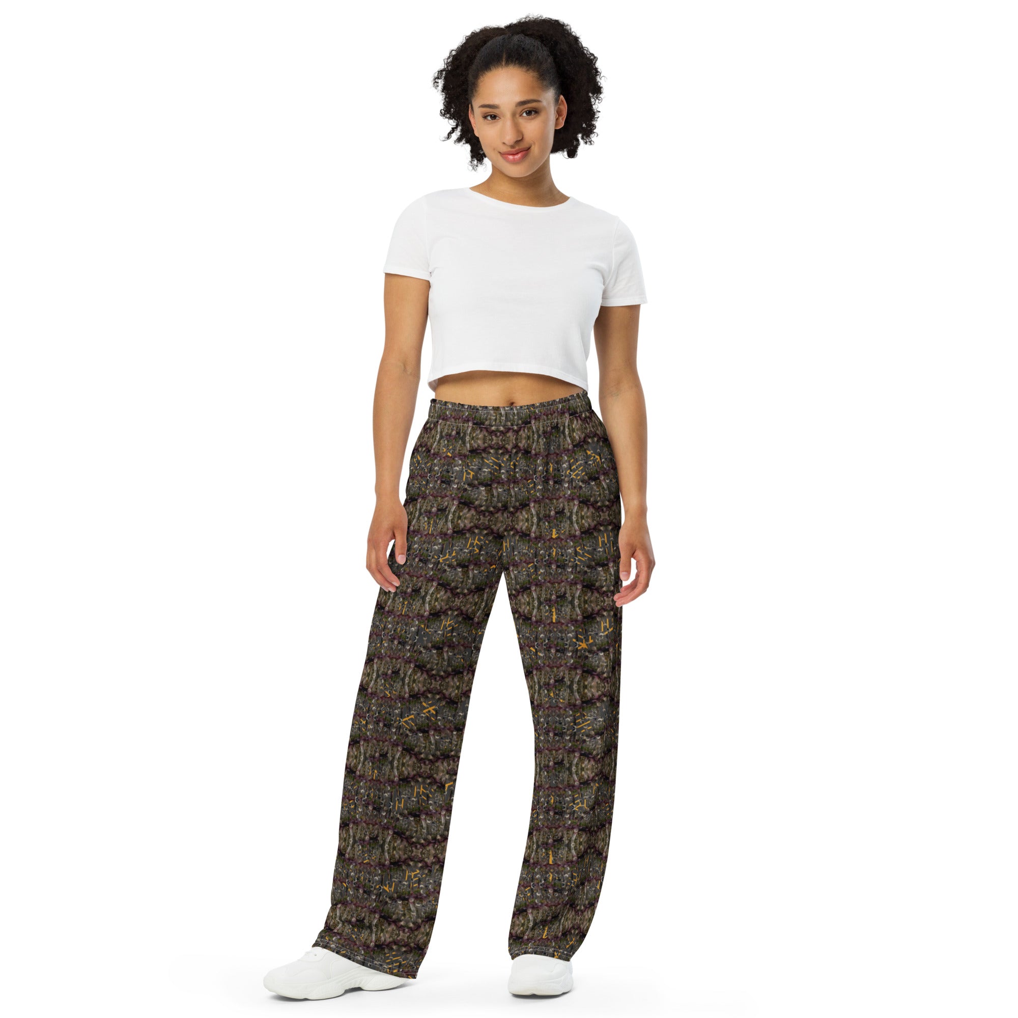 Unisex wide-leg pants by BudWear with white all-over print and relaxed fit, front view showing comfortable, stylish design.