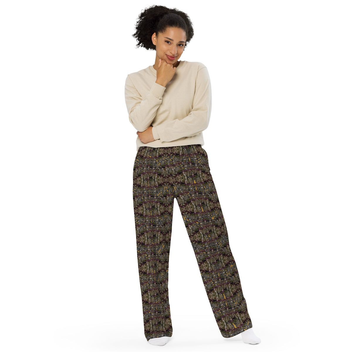 White Trichoman Cannabis print wide-leg pants by BudWear, unisex, all-over leafy cannabis design, relaxed fit, front view.