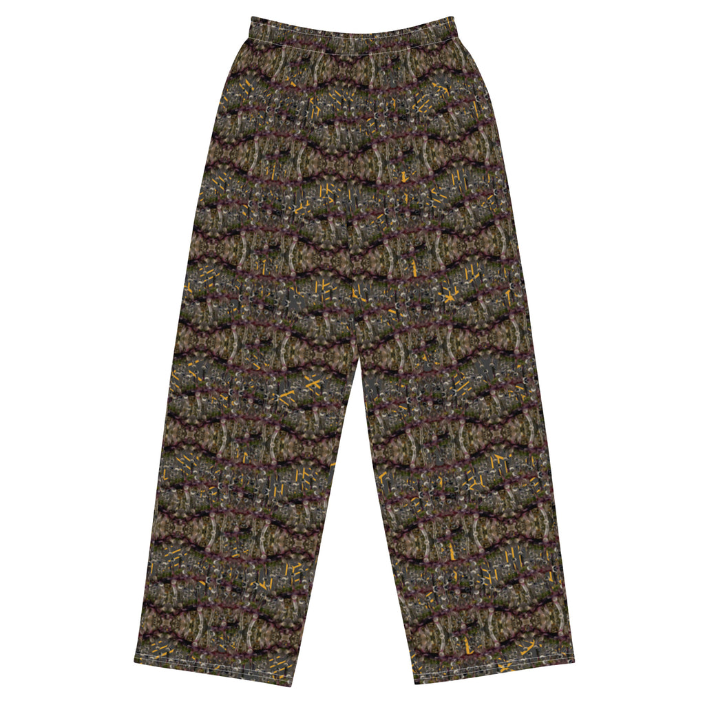 Unisex wide-leg pants by BudWear with a white all-over print, featuring a relaxed fit and comfortable style.