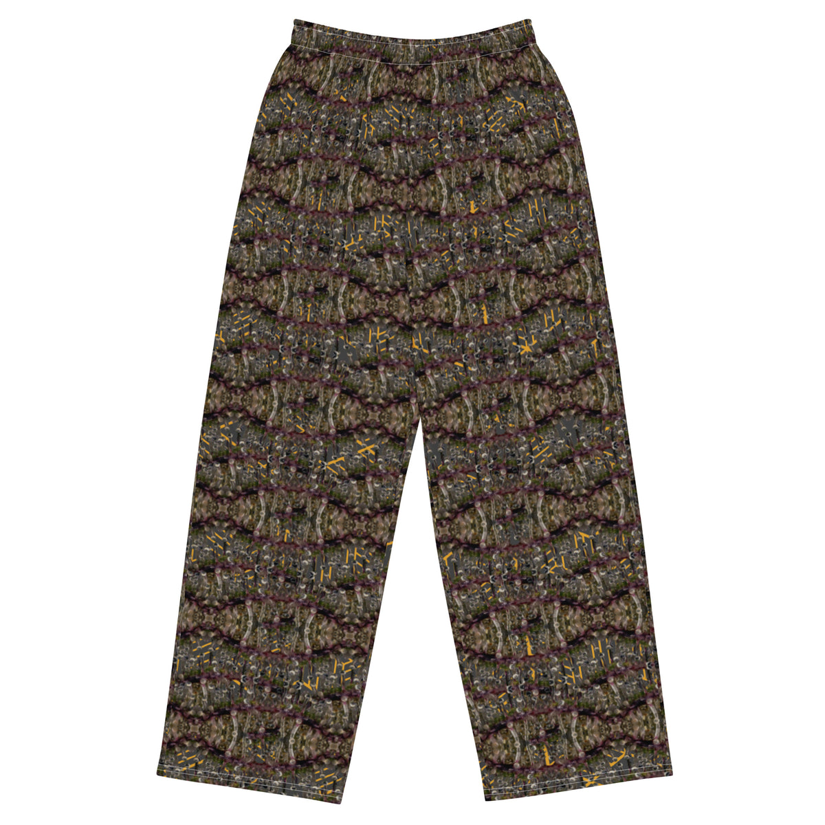 Unisex wide-leg pants with cannabis print in white by BudWear, featuring all-over green cannabis leaf pattern on fabric.