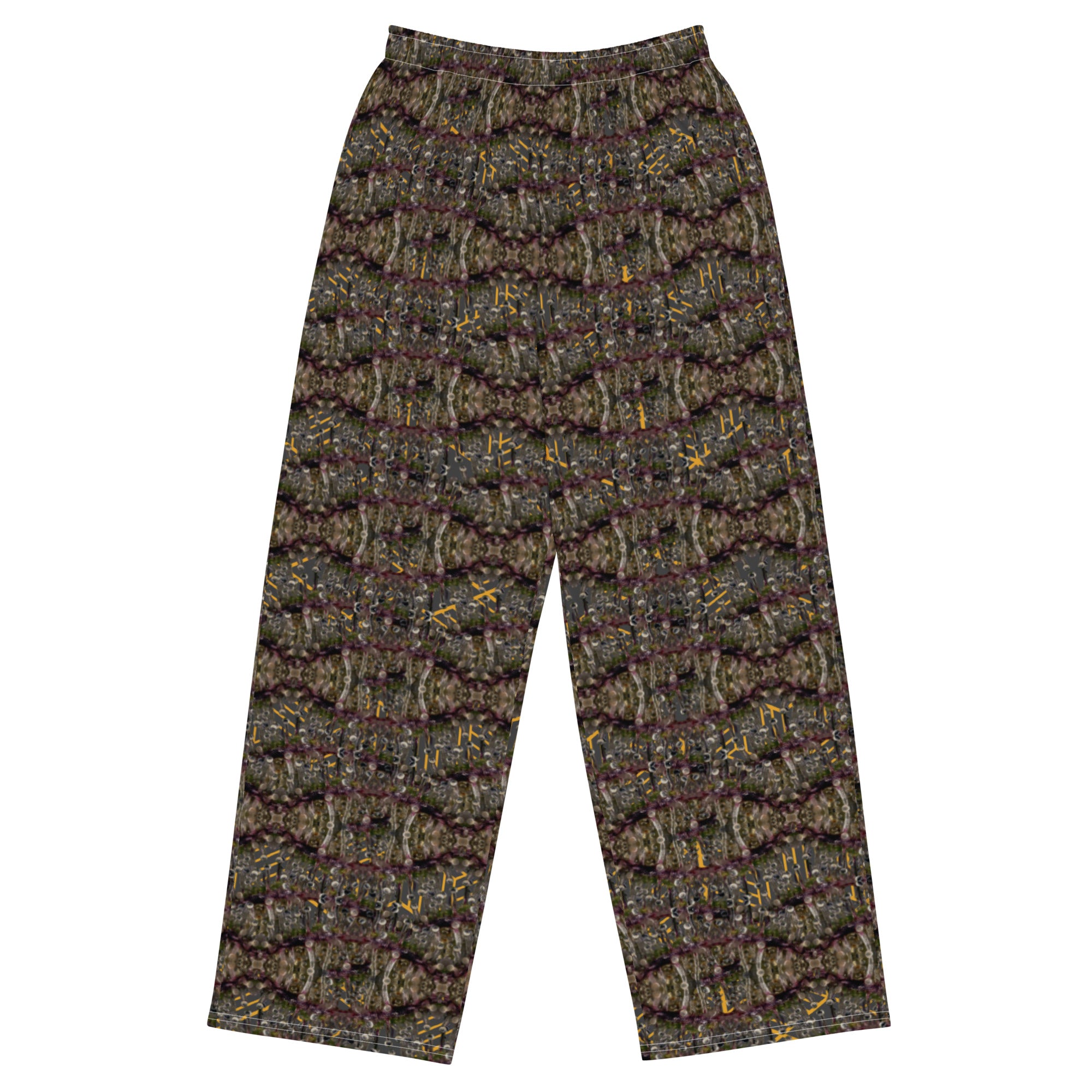 Unisex wide-leg pants by BudWear with a white all-over print, featuring a relaxed fit and comfortable style.