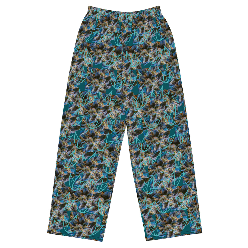 All-over print blue-bud unisex wide-leg pants from BudWear, featuring a casual cut-sew design and relaxed fit.