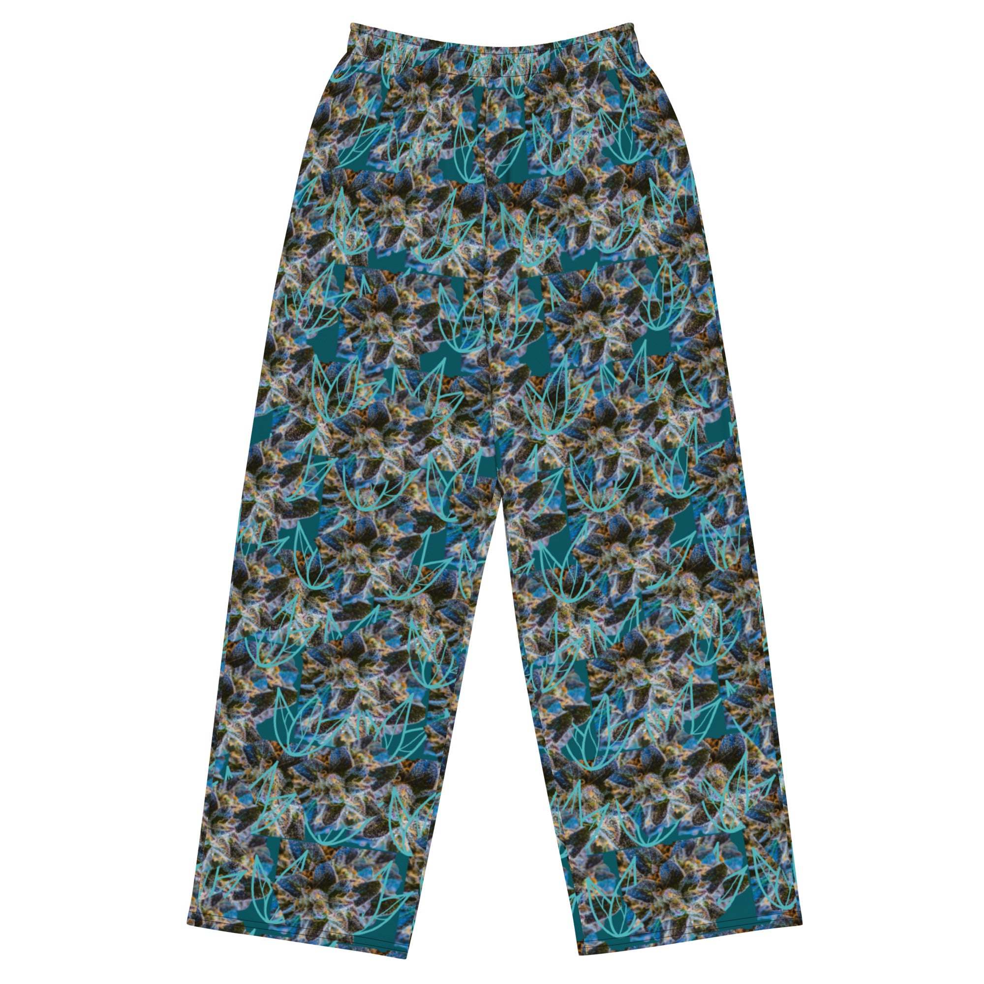 All-over print blue-bud unisex wide-leg pants from BudWear, featuring a casual cut-sew design and relaxed fit.