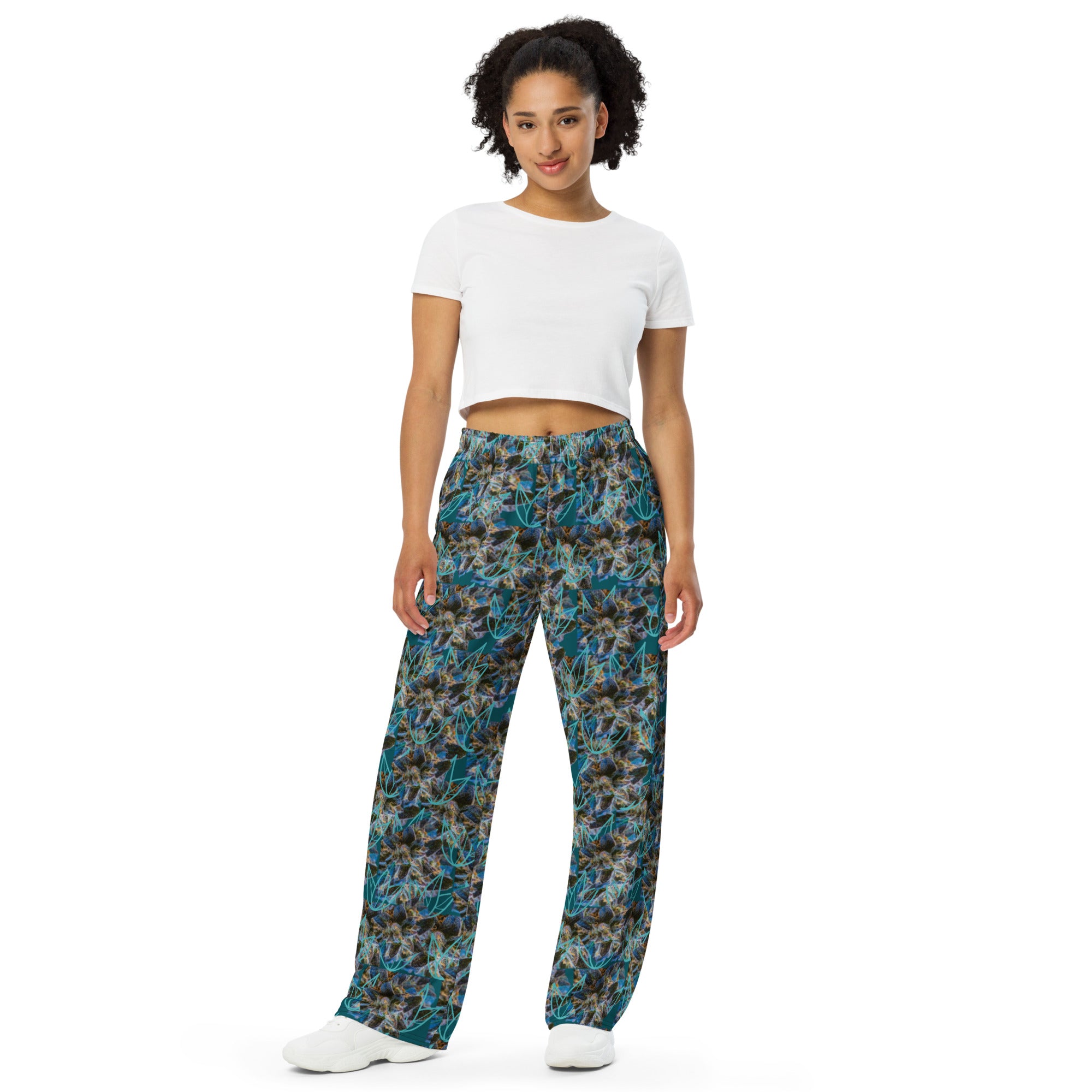 White botanical print unisex wide-leg pants in relaxed fit