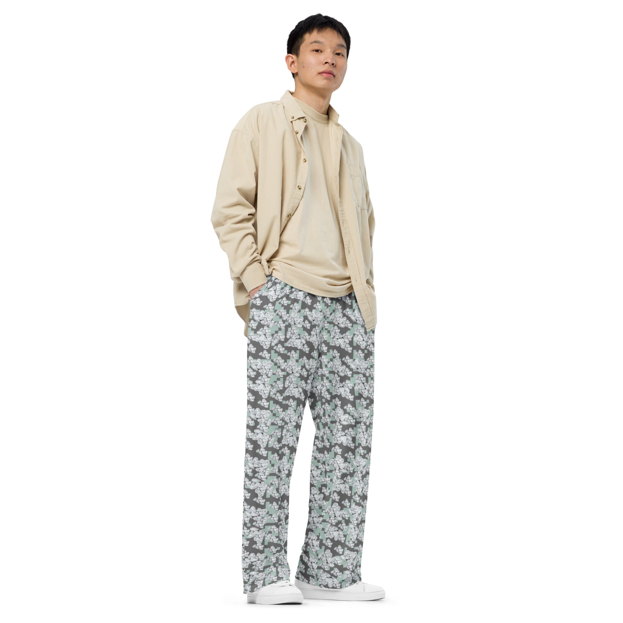 Unisex white wide-leg pants by BudWear with an all-over print, featuring a front view of the stylish cut-sew design.