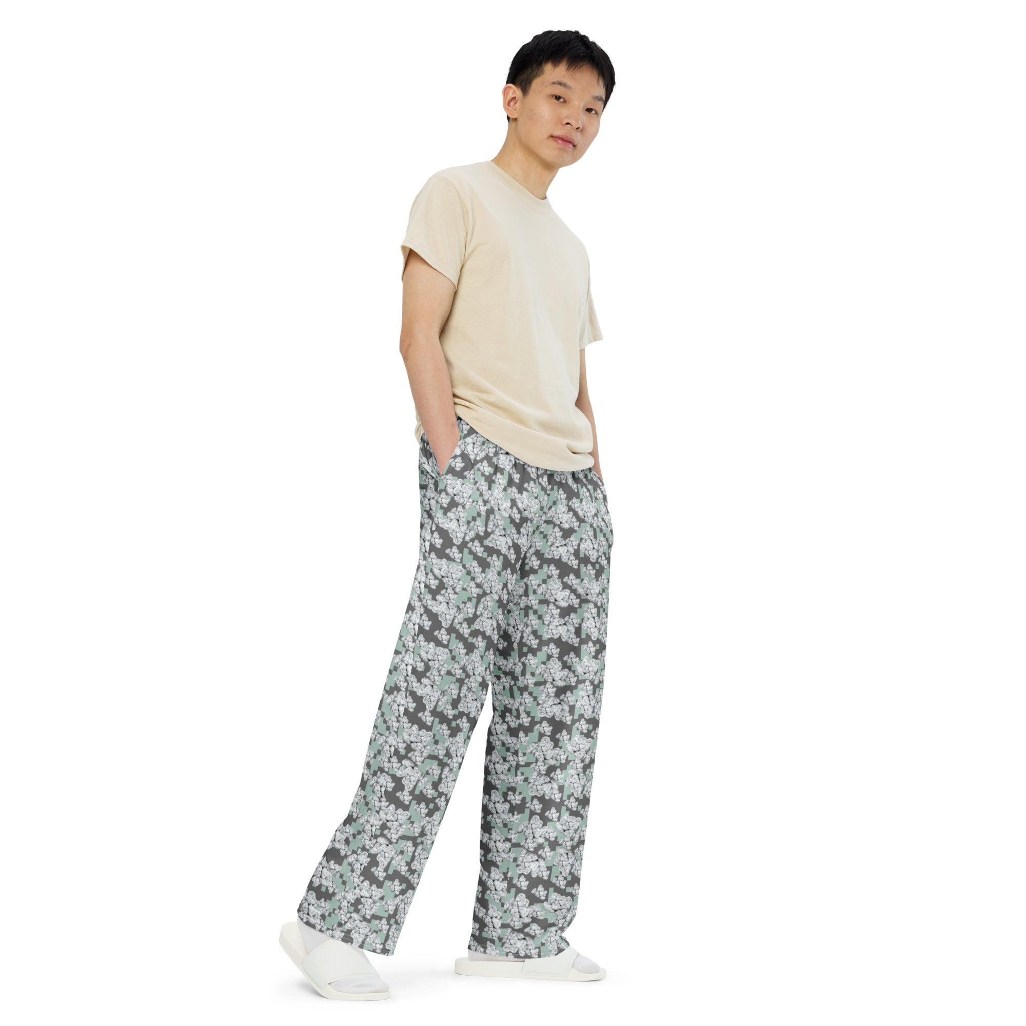 Unisex white wide-leg BudWear wide-leg pants with all-over print, front view, casual cut-sew style.