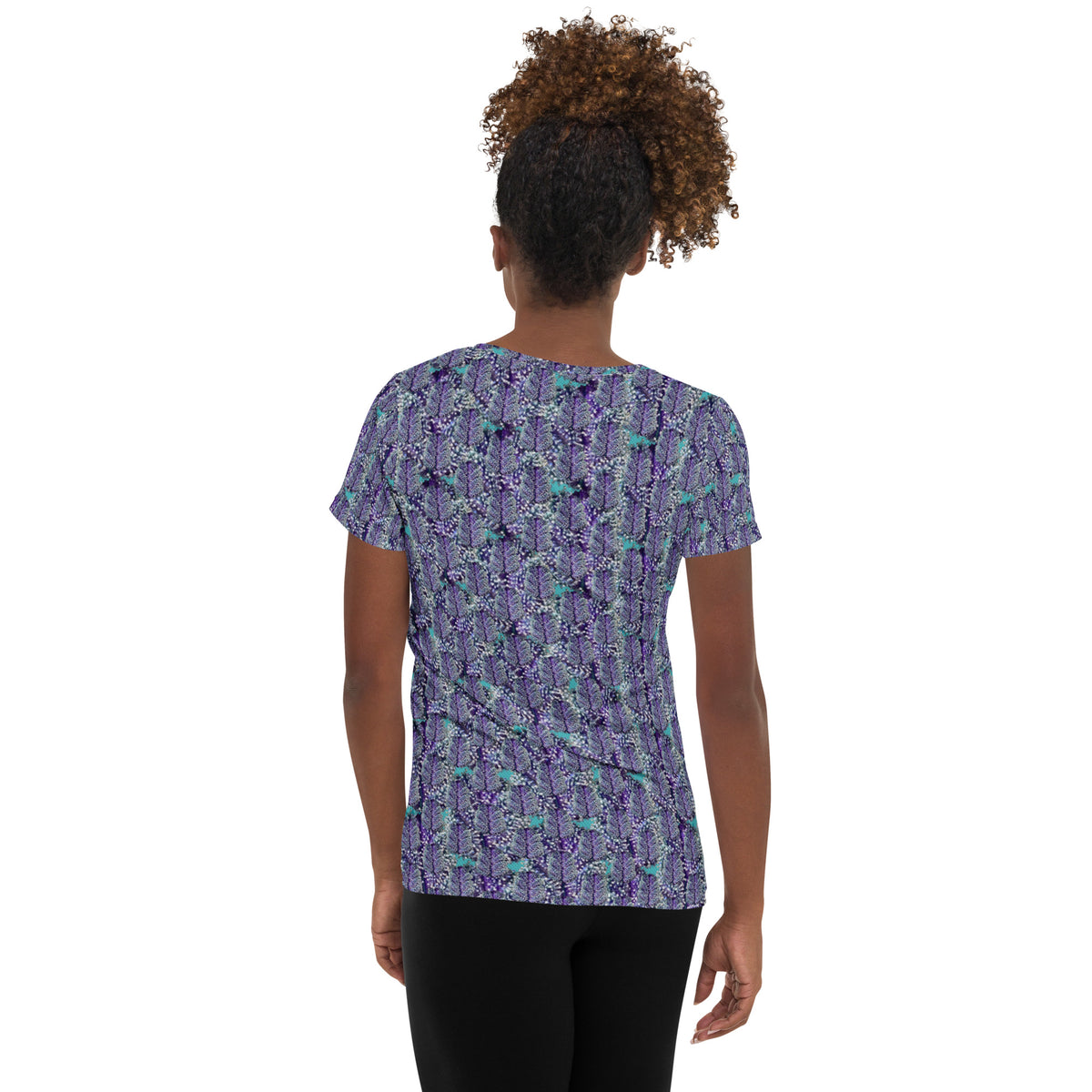 Women's white athletic t-shirt with all-over cannabis leaf print by BudWear, featuring a comfortable fit and vibrant design.