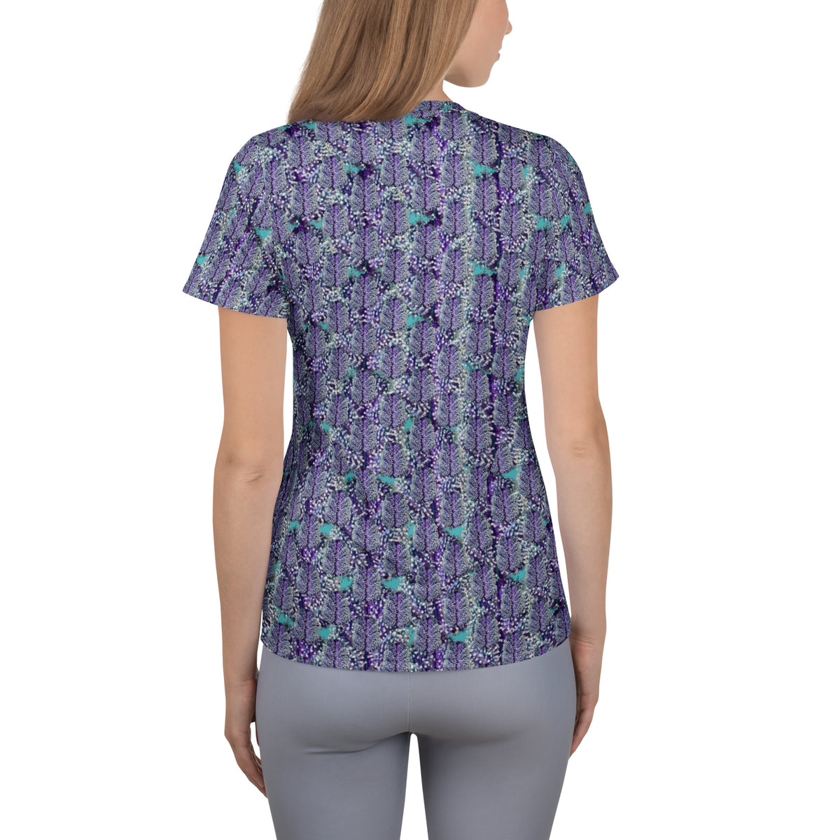 Women's Cannabis Print Athletic Tee by BudWear, featuring a white all-over cannabis leaf pattern on the back.