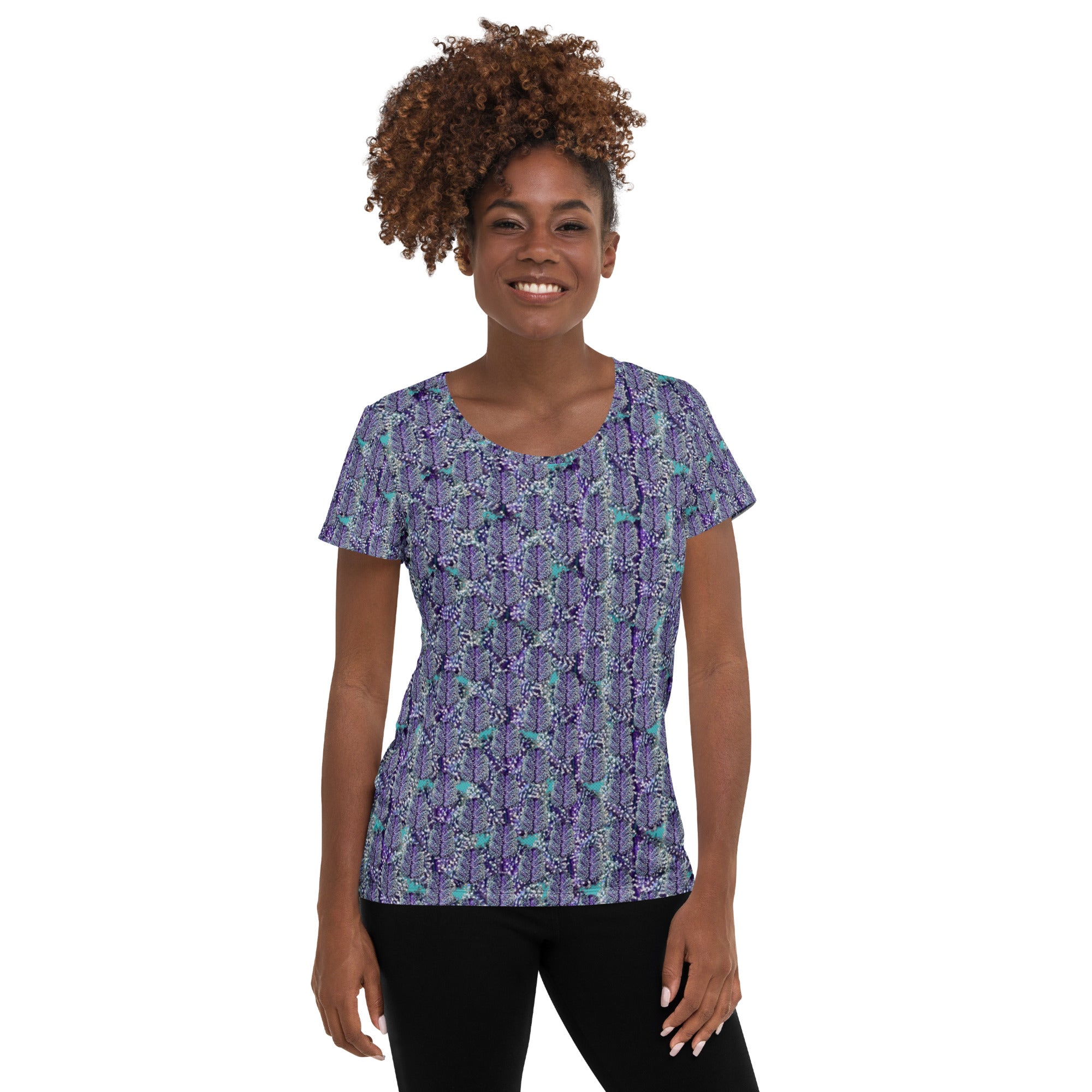 White BudWear Sticky T-shirt for women featuring all-over print, athletic fit, and comfortable fabric.
