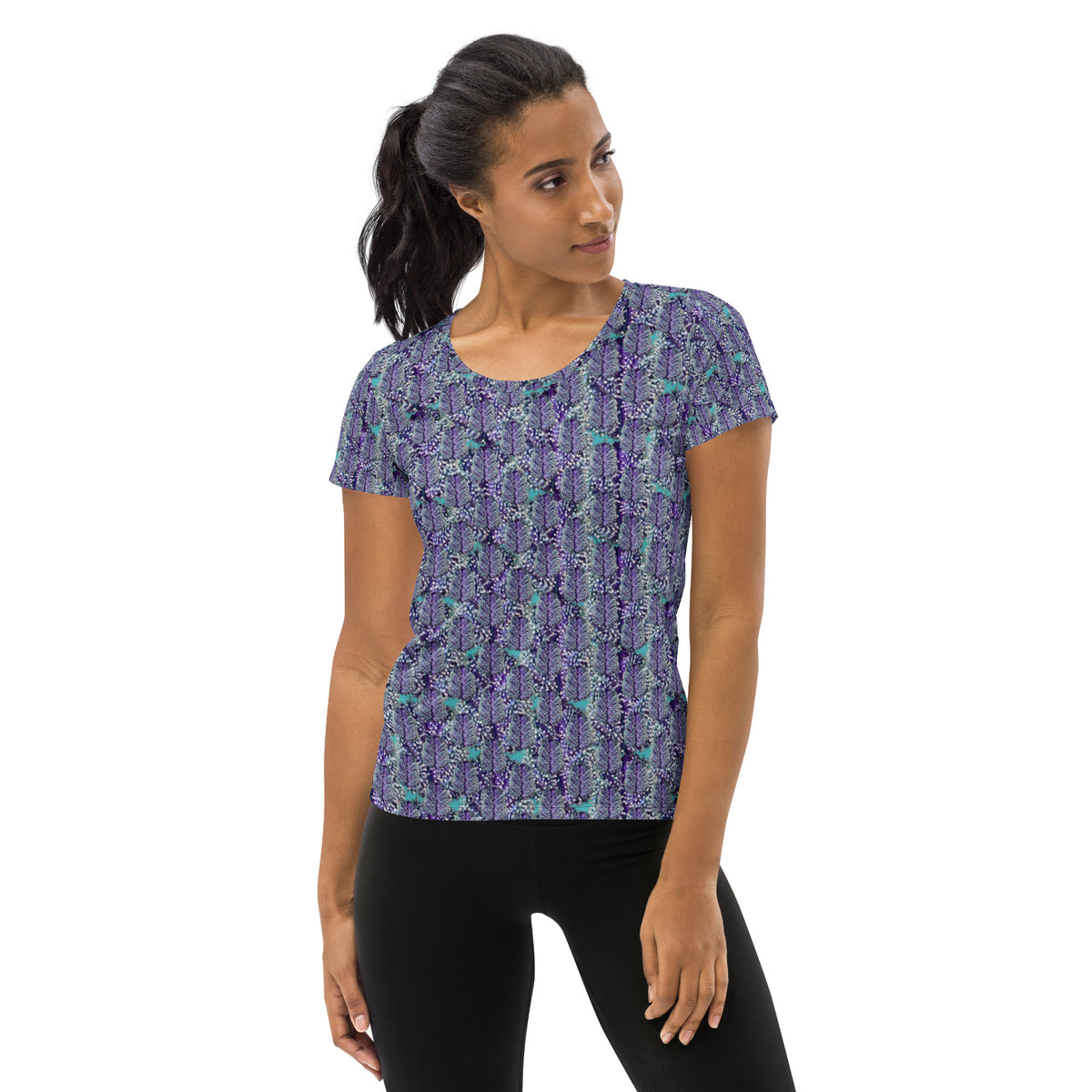 Women's white cannabis print athletic tee by BudWear, featuring all-over cannabis leaf pattern and sporty fit.