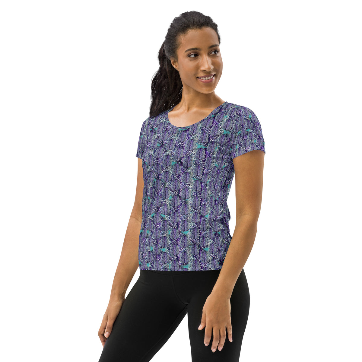 Women's Cannabis Print Athletic Tee by BudWear, white athletic T-shirt with all-over cannabis leaf print on front and back.