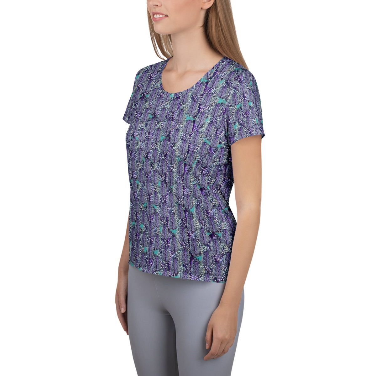 Women's cannabis print athletic tee by BudWear, white all-over cannabis leaf design on a comfortable sporty T-shirt.