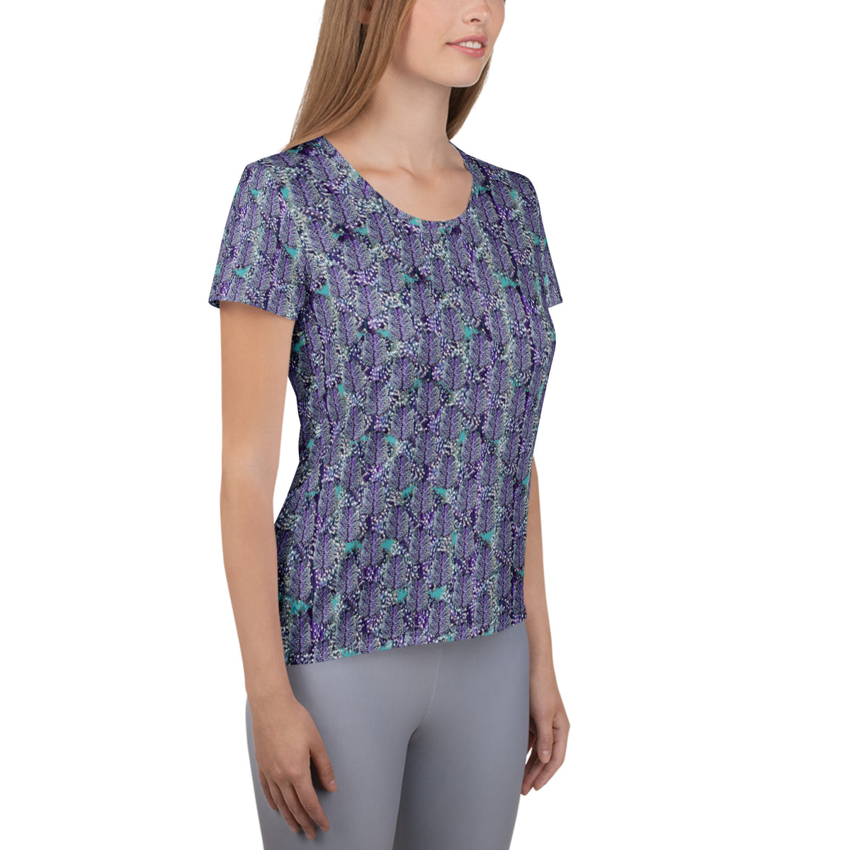 Women's white athletic tee with all-over cannabis print by BudWear, featuring a comfortable fit and vibrant green cannabis leaf design.