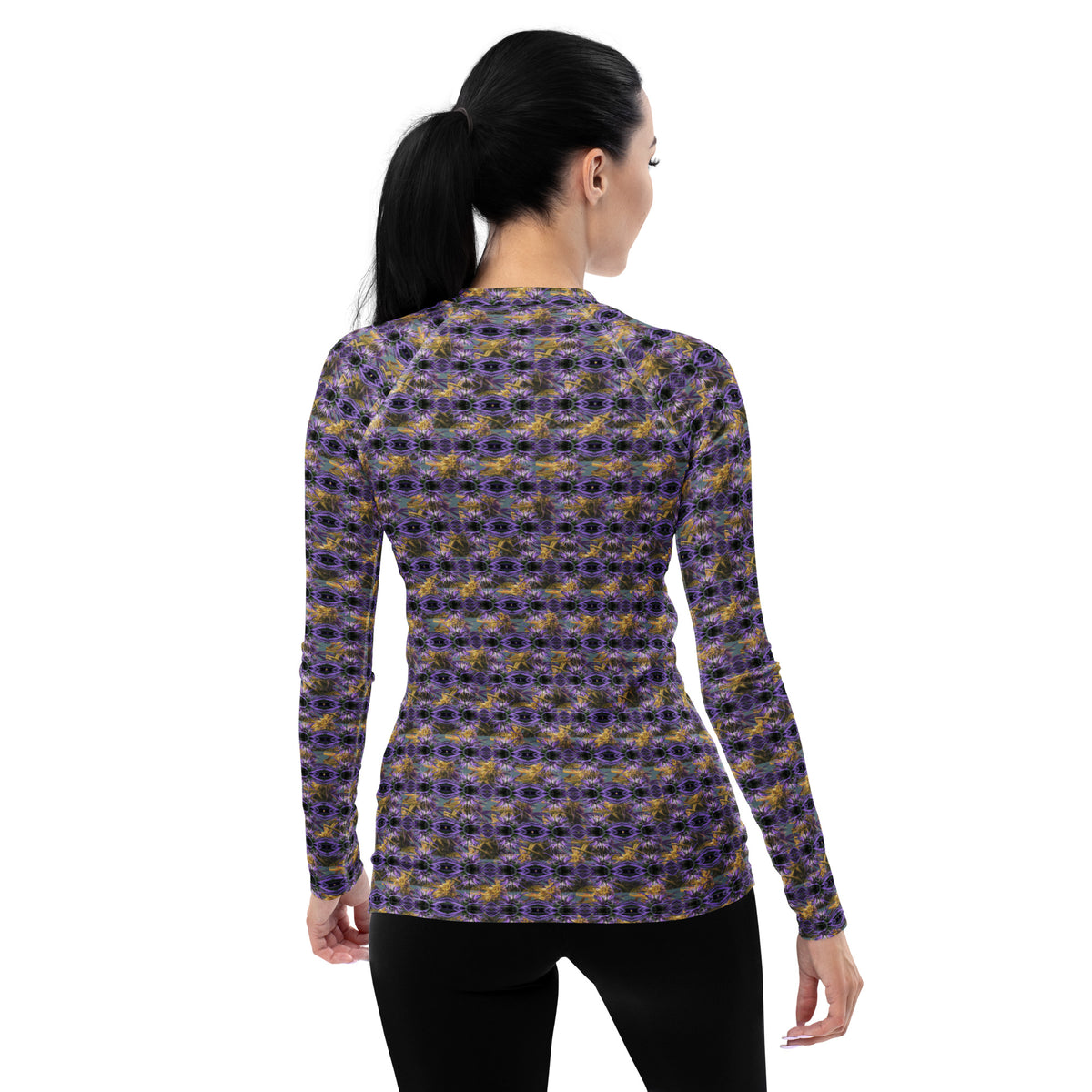 Purple Spider-bud women's rash guard by Fancy Canna-buds with all-over spider and floral print on white background.