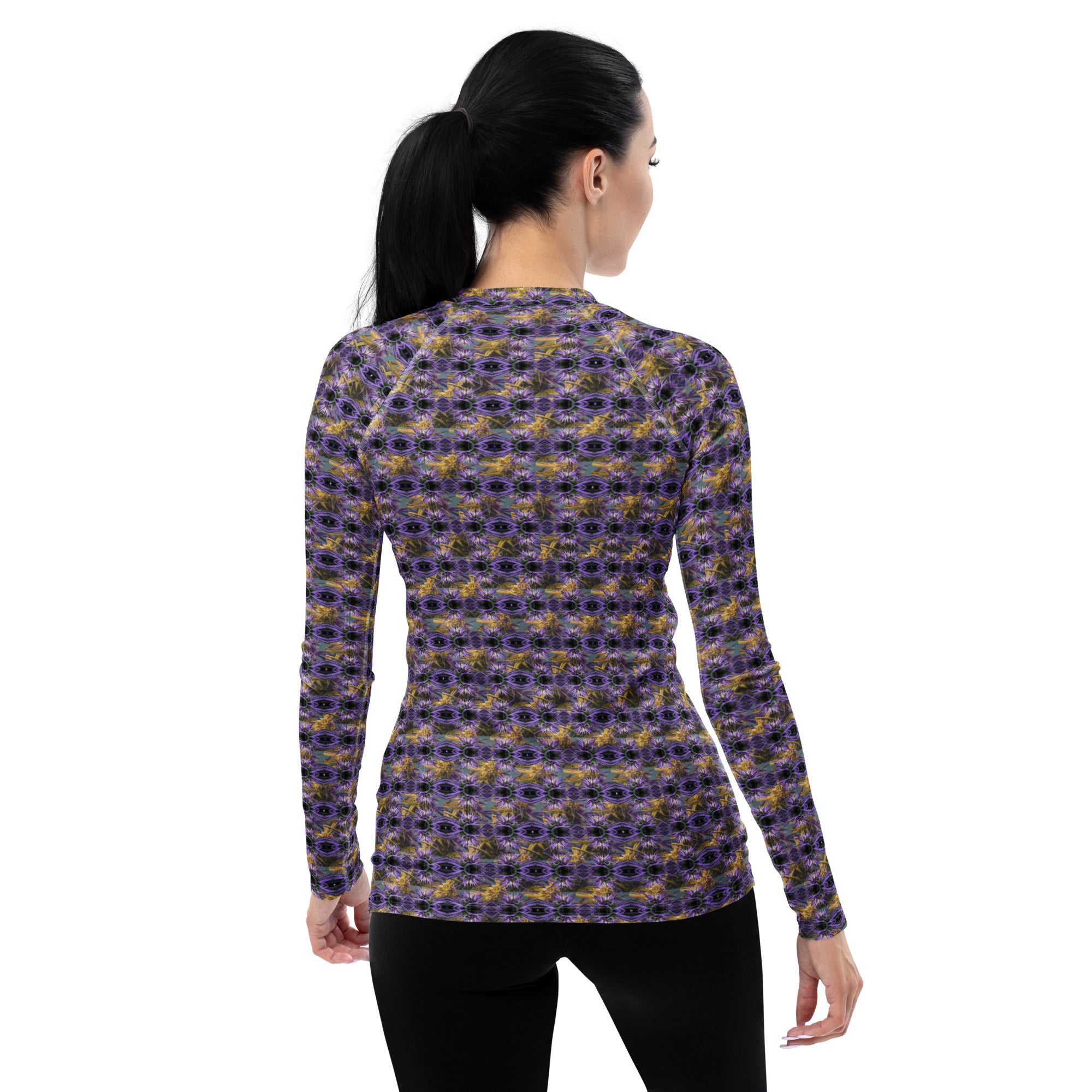 Purple Spider-bud women's rash guard by Fancy Canna-buds featuring all-over spider and bud print on a white background.