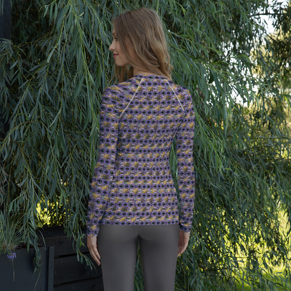 Purple Spider-bud women's rash guard by Fancy Canna-buds with all-over print and white back, designed for sun protection and comfort.