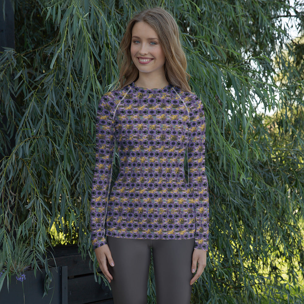 Purple Spider-bud women's rash guard with all-over print, featuring long sleeves and a snug fit, by Fancy Canna-buds.