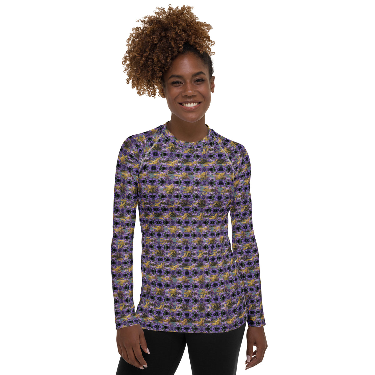 Purple Spider-bud women's rash guard by Fancy Canna-buds featuring an all-over-print design on a white background.