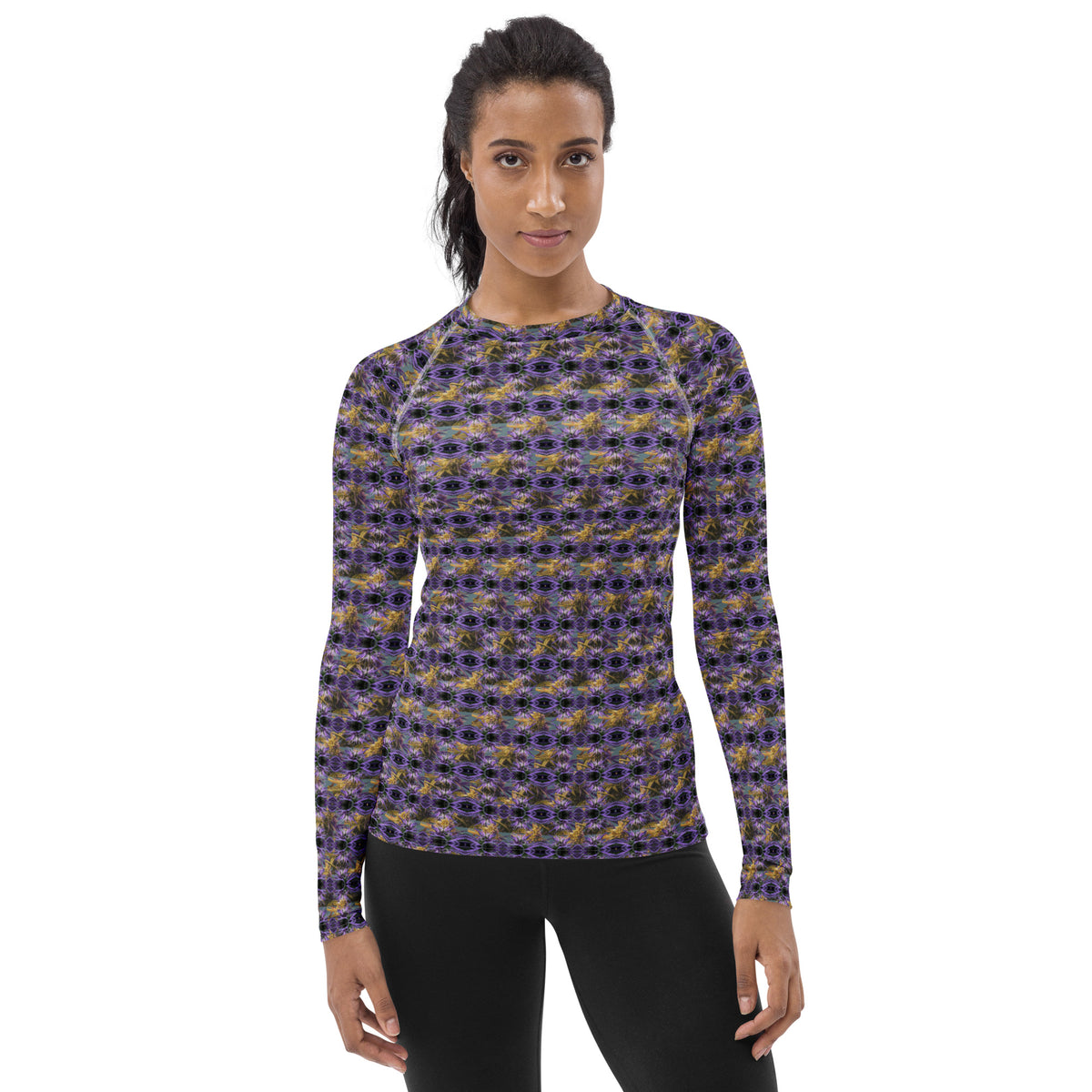 Purple Spider-bud women's rash guard by Fancy Canna-buds featuring all-over print, long sleeves, and a snug fit for sun protection