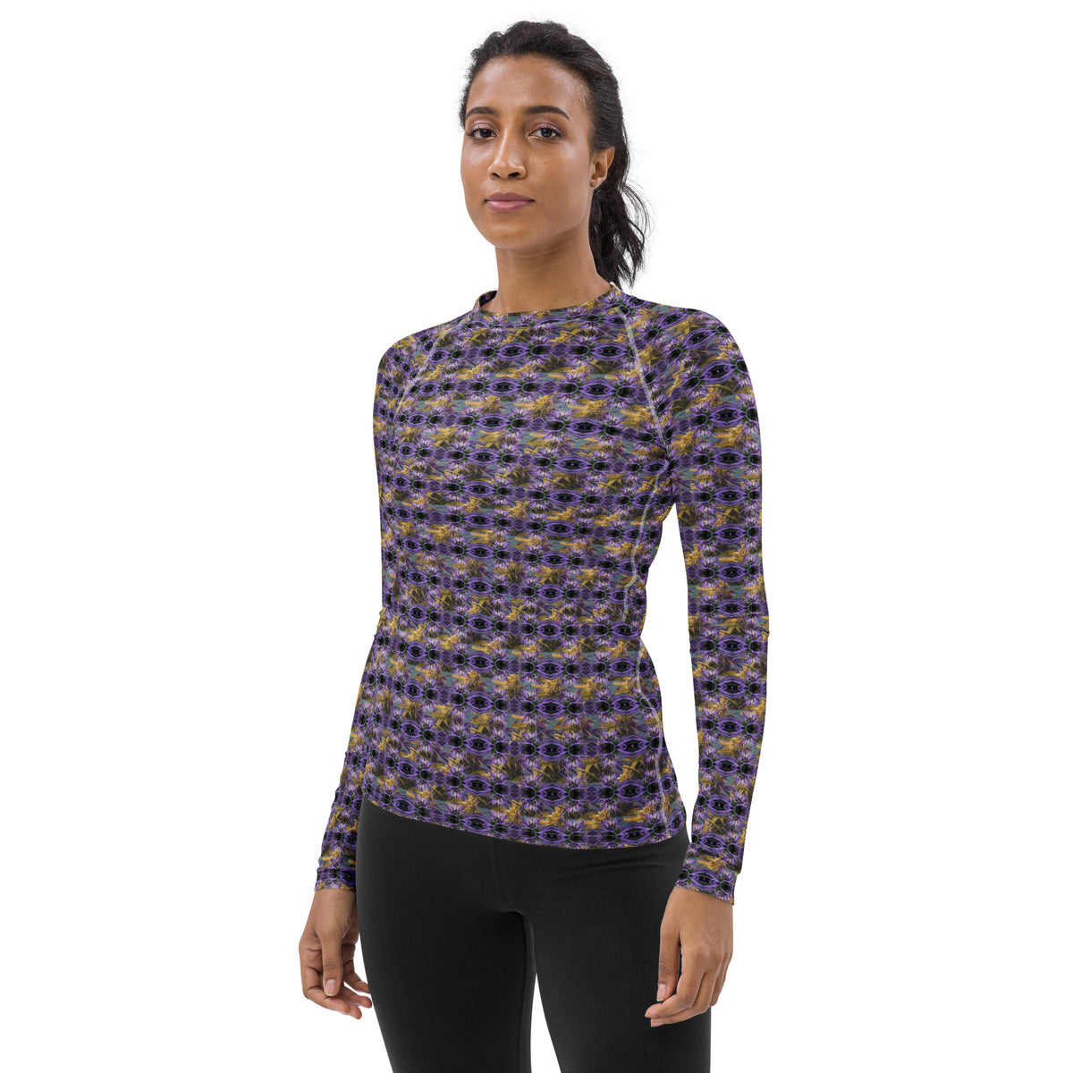 Purple Spider-bud women's rash guard by Fancy Canna-buds, featuring an all-over print design on a white background.