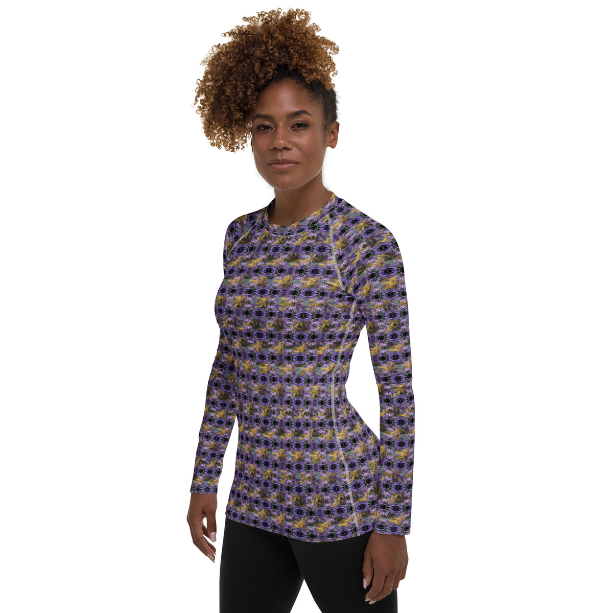 Purple Spider-bud women's rash guard by Fancy Canna-buds featuring an all-over spider and bud print on a white background.