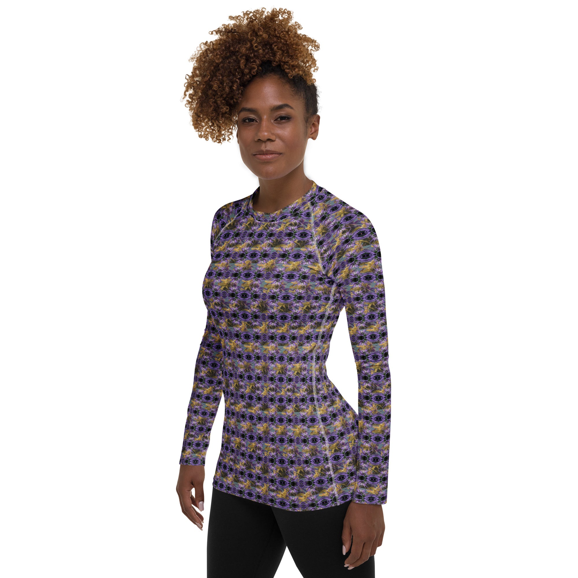 Purple Spider-bud women's rash guard with all-over print, made by Fancy Canna-buds, featuring vibrant spider-bud design.