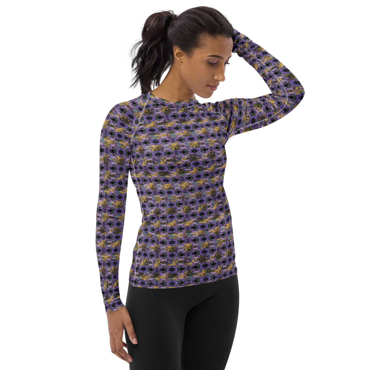 Purple Spider-bud women's rash guard by Fancy Canna-buds featuring all-over print and long sleeves for sun protection and activewear.