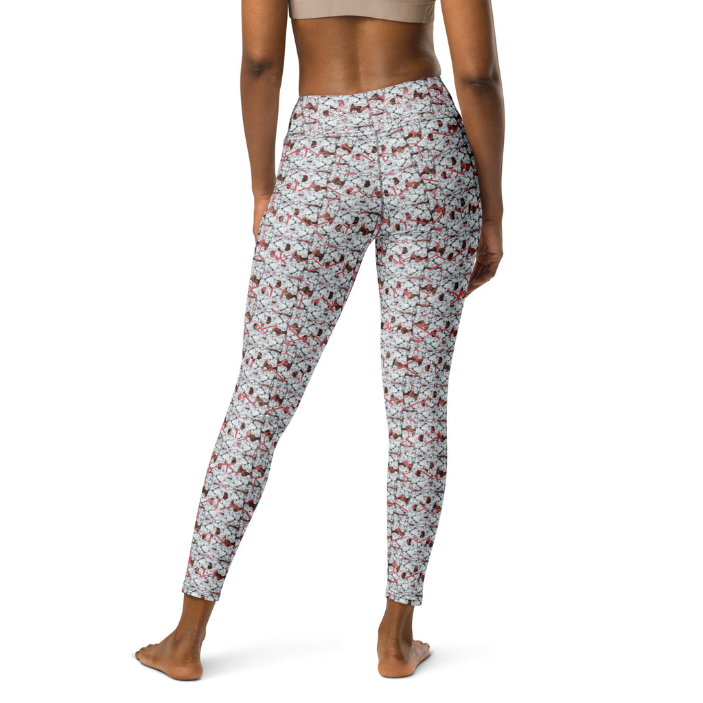 Snow-bunny yoga leggings by BudWear featuring all-over white print, made from comfortable cut-sew fabric for active wear.