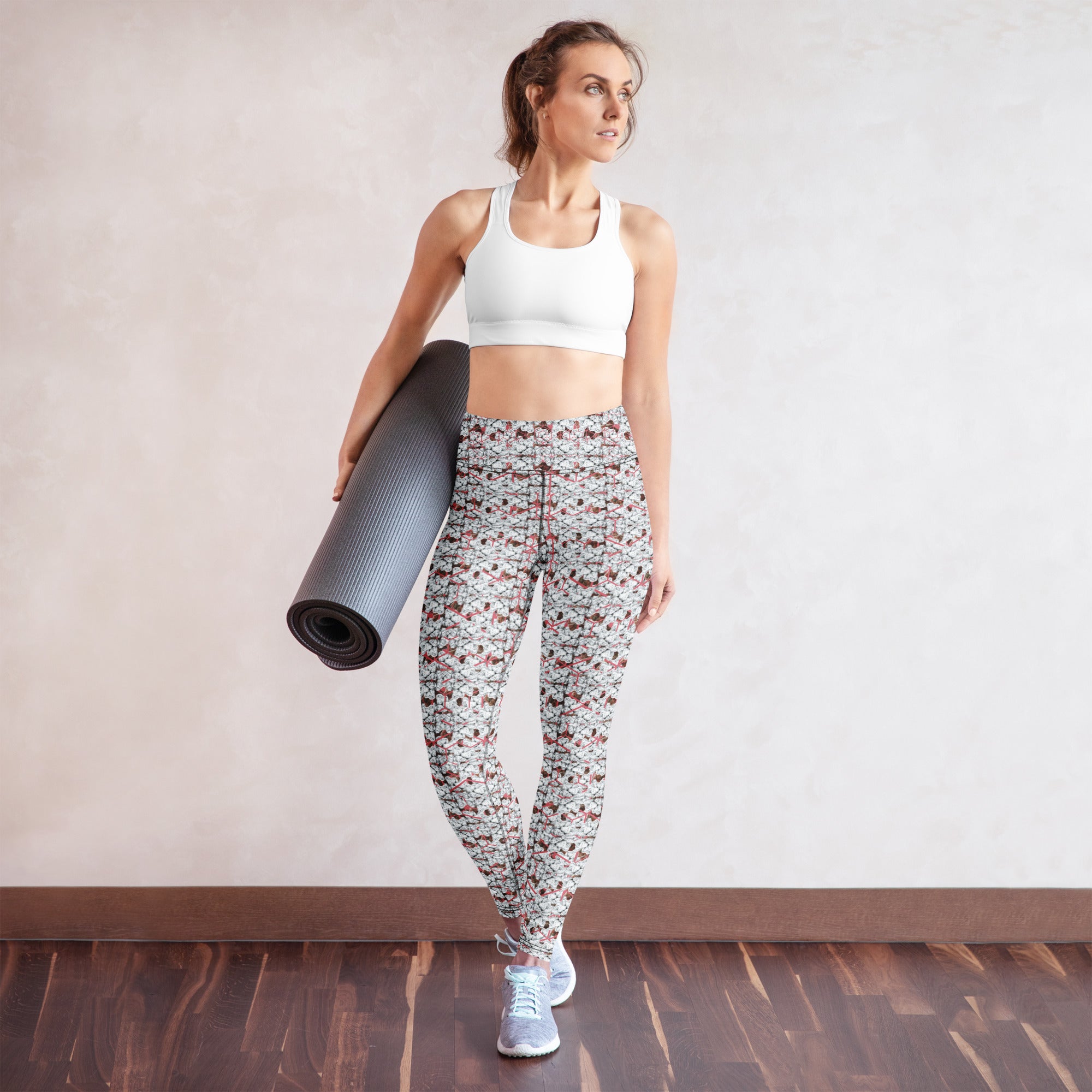 BudWear Snow-bunny Yoga Leggings with all-over white print, featuring a comfortable cut-sew design for activewear and yoga.