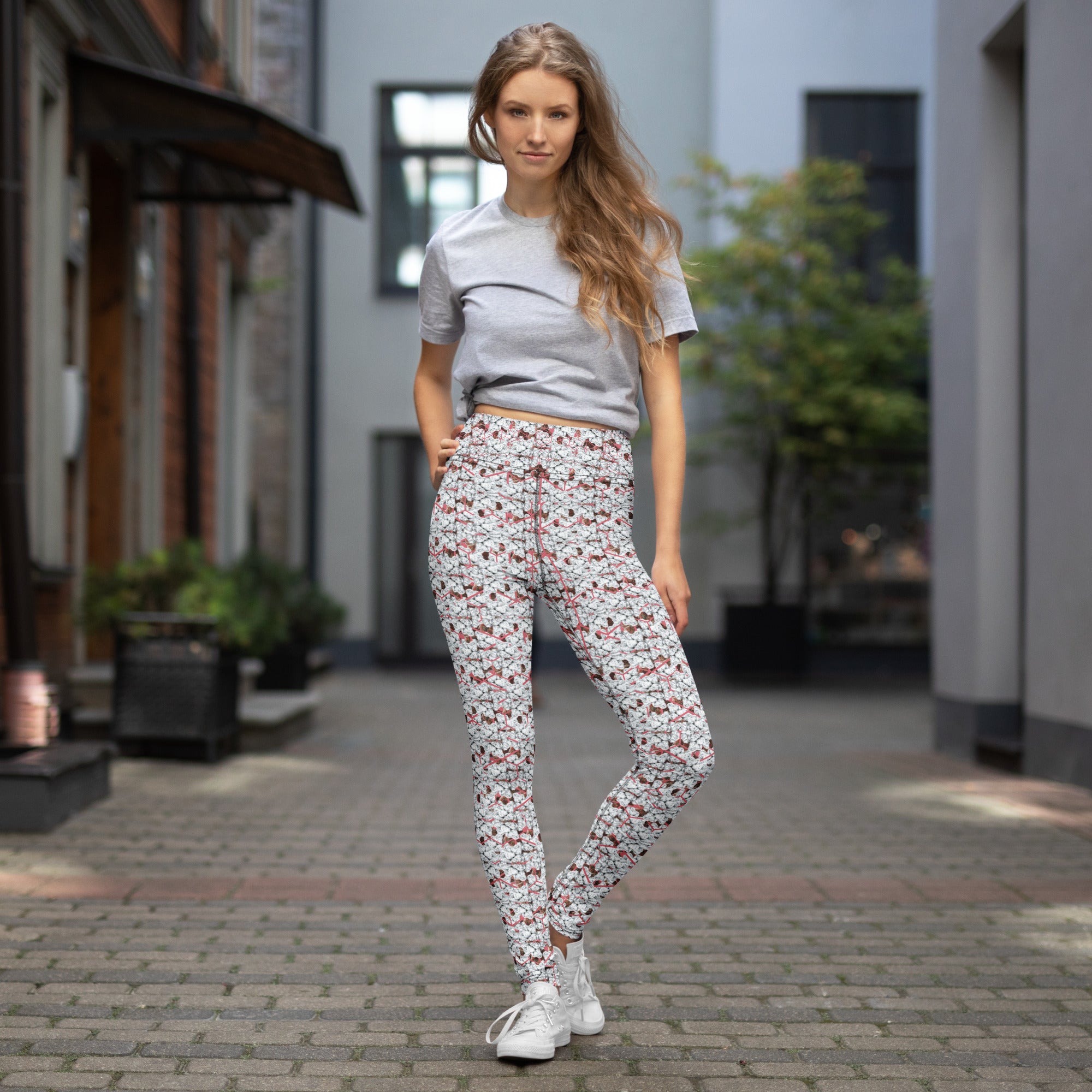 BudWear Snow-bunny Yoga Leggings with all-over white print, cut-sew style, designed for comfortable active wear.