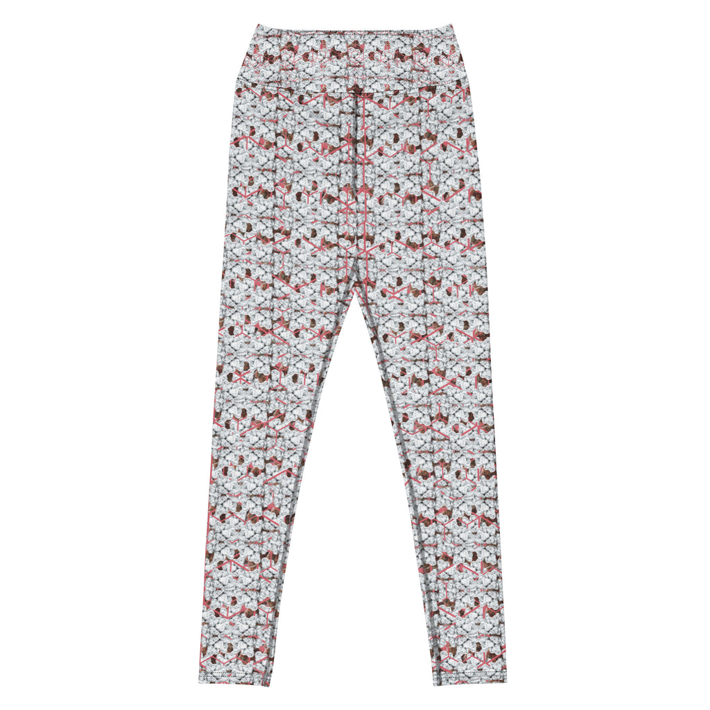 All-over print white Snow-bunny Yoga Leggings by BudWear, cut-sew style, showcasing a vibrant bunny pattern on the front.