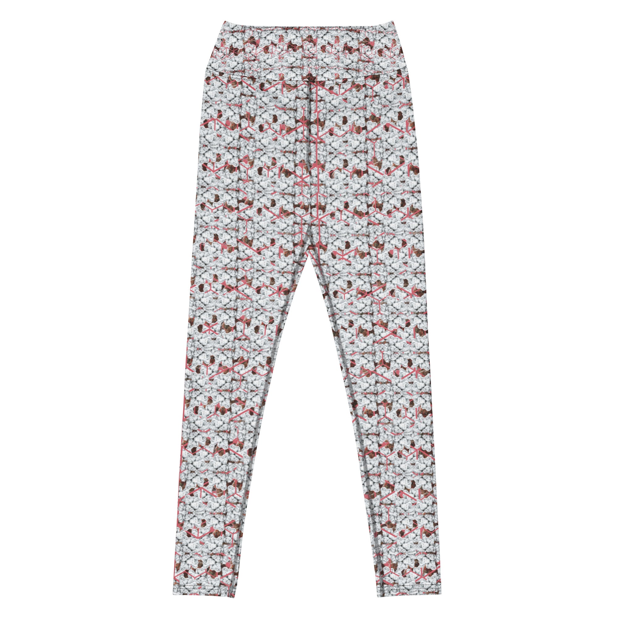 All-over print white Snow-bunny Yoga Leggings by BudWear, cut-sew style, showcasing a vibrant bunny pattern on the front.
