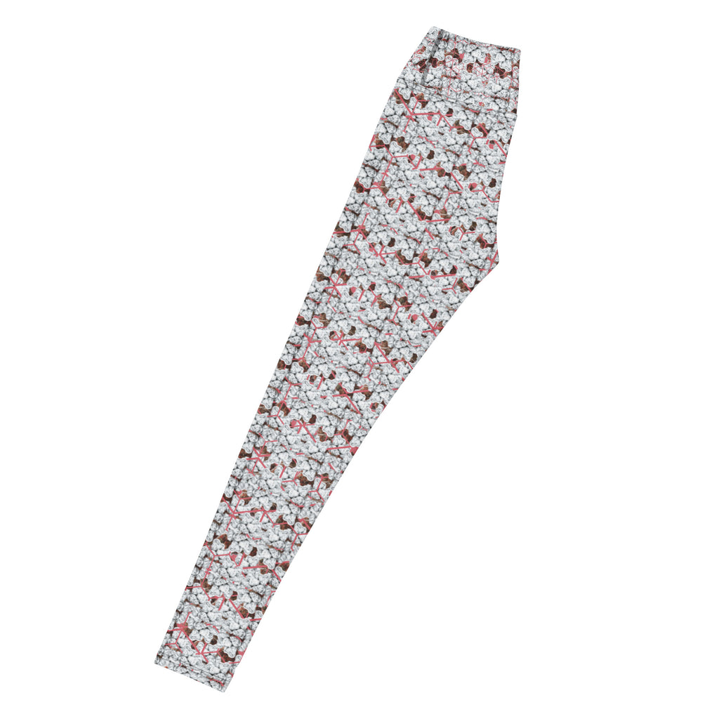 White snow-bunny print yoga leggings by BudWear, all-over-cut-sew design, stretchy and comfortable for active wear.