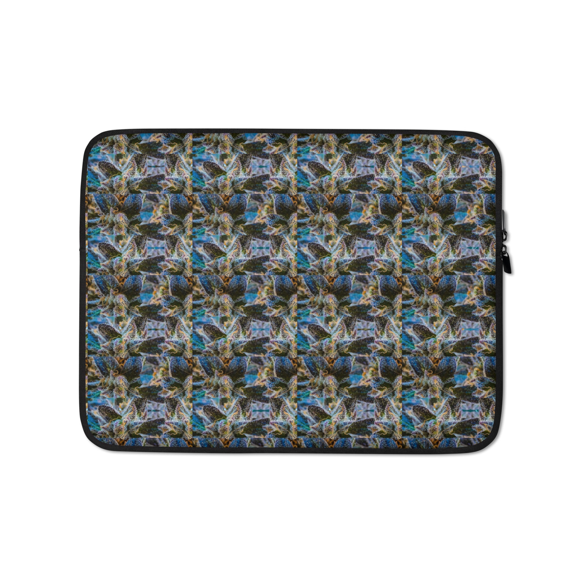 Blue-bud sublimation laptop sleeve by BudWear, front view showing vibrant design and snug fit for 13-inch laptops.