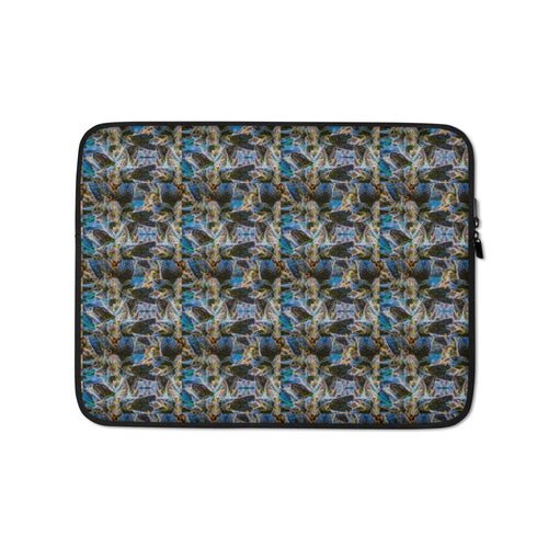 Blue-bud sublimation laptop sleeve by BudWear, front view showing vibrant design and snug fit for 13-inch laptops.